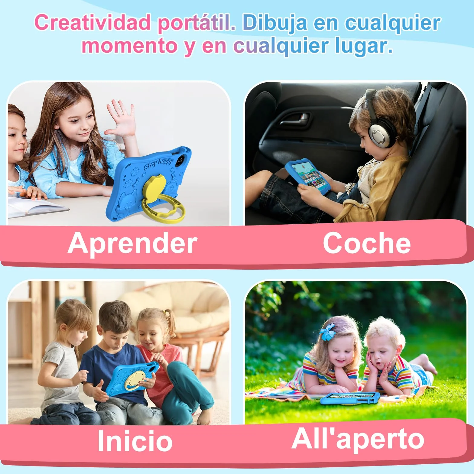 Tablet para niños 9 pulgadas Android 15 12 GB RAM 1 TB TF 5G WiFi Widevine L1 Octa-Core 5000 mAh control parental funda Eva Azul