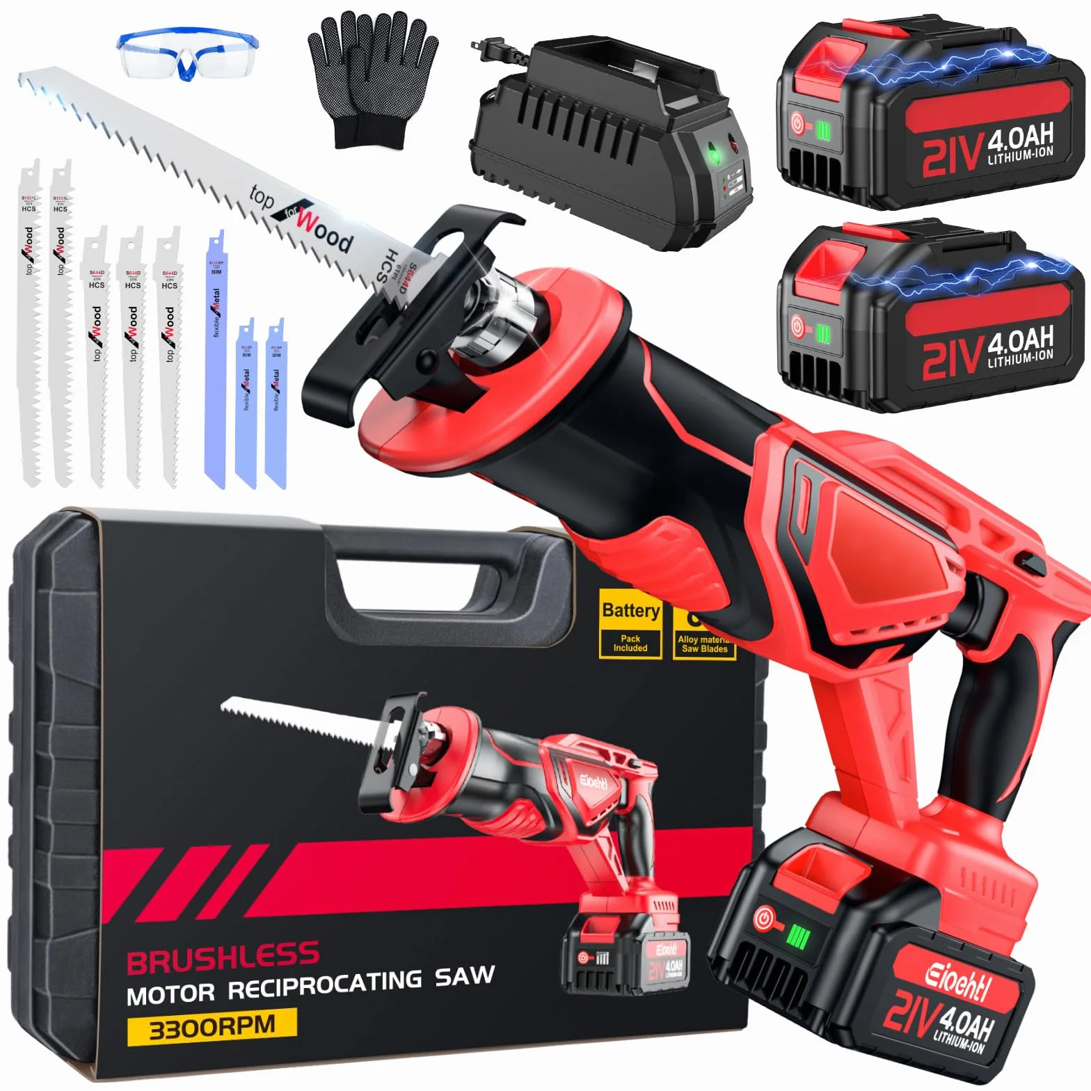 XIAZIR Sierra Sable Inalámbricas, Motor Brushless 3500 CPM, podadora 2×21V 4000mAh Baterías de Alto Rendimiento, Juego de 8 Hojas para Madera, Metal, PVC y Plástico, Sierra Recíproca Portátil