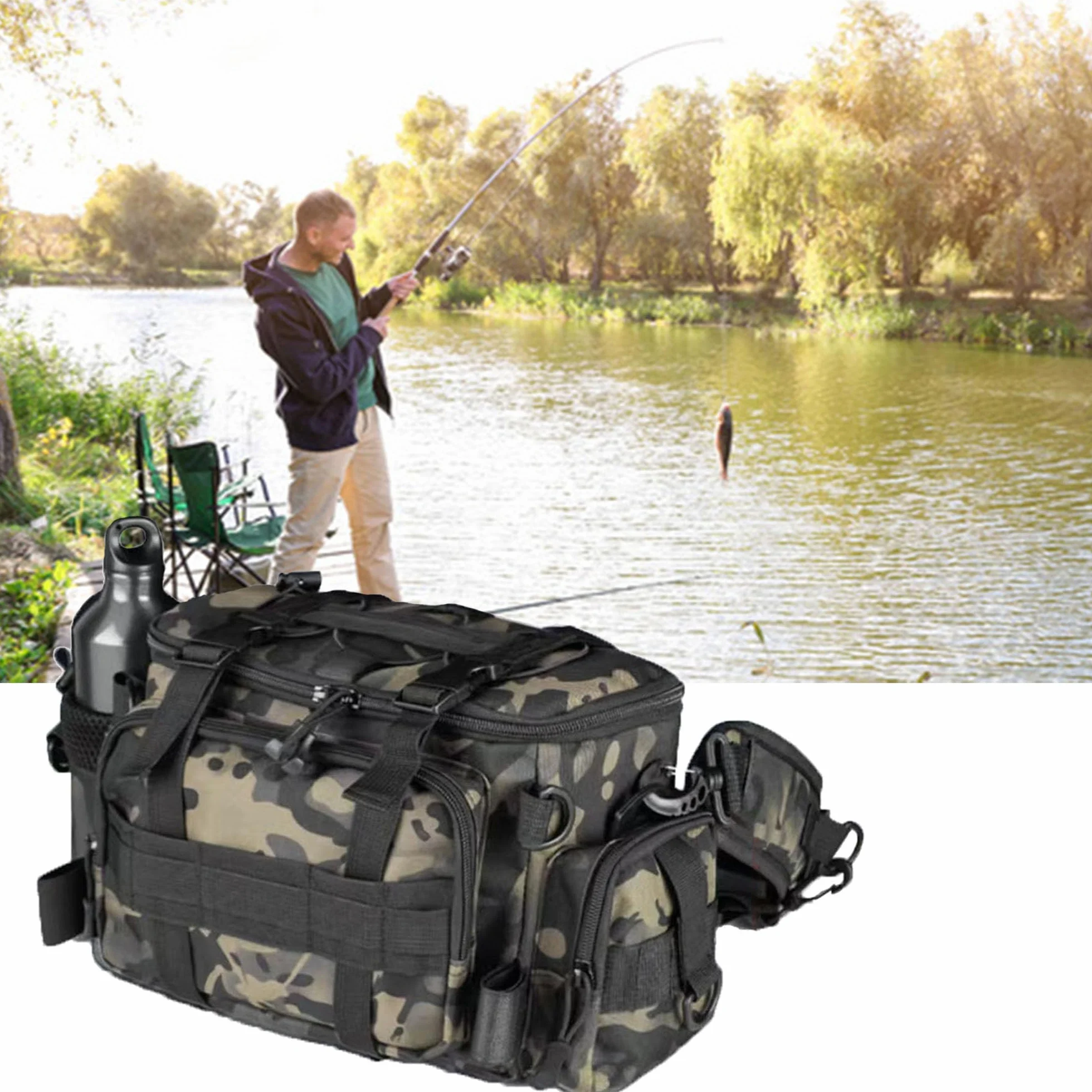 YUEMING Bolsa de Aparejos de Pesca Multifuncional, Gran Capacidad, Kit de Accesorios con Correas Ajustables