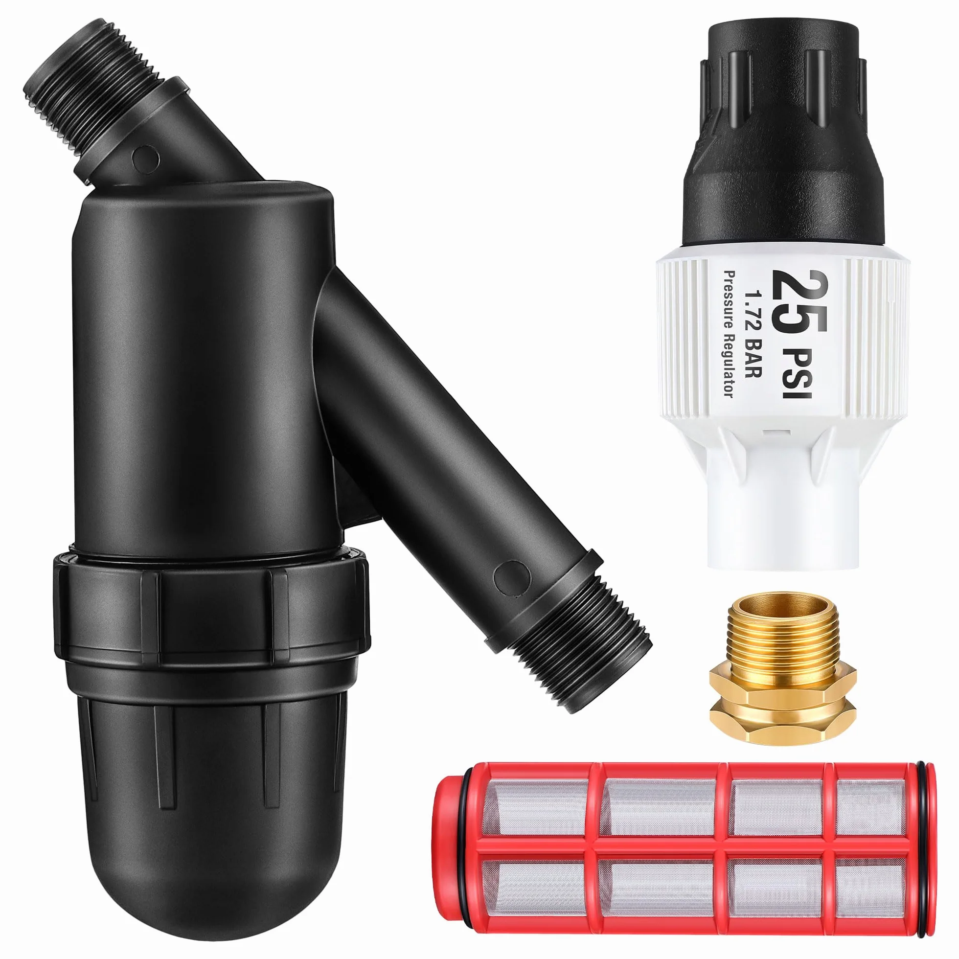 Aurelema Regulador de presión de riego por goteo y filtro, 25 PSI para manguera de jardín/grifo de 3/4 pulgadas y filtro en Y en línea de riego por goteo, conexiones de rosca de manguera FHT de 3/4 x