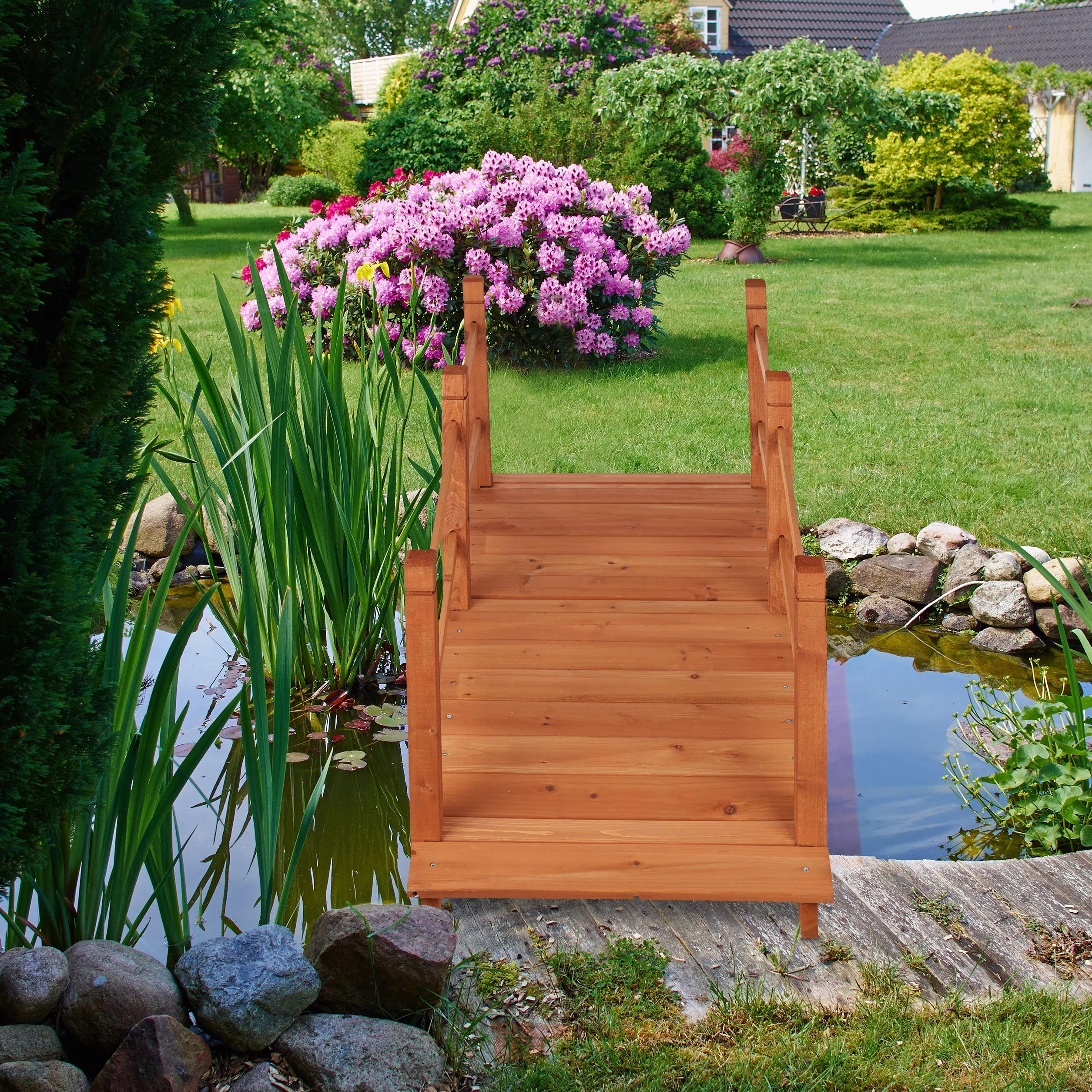 Relaxdays Puente Jardín con Pasamanos, Madera de Abeto, Marrón Anaranjado, 56 x 140 x 60 cm