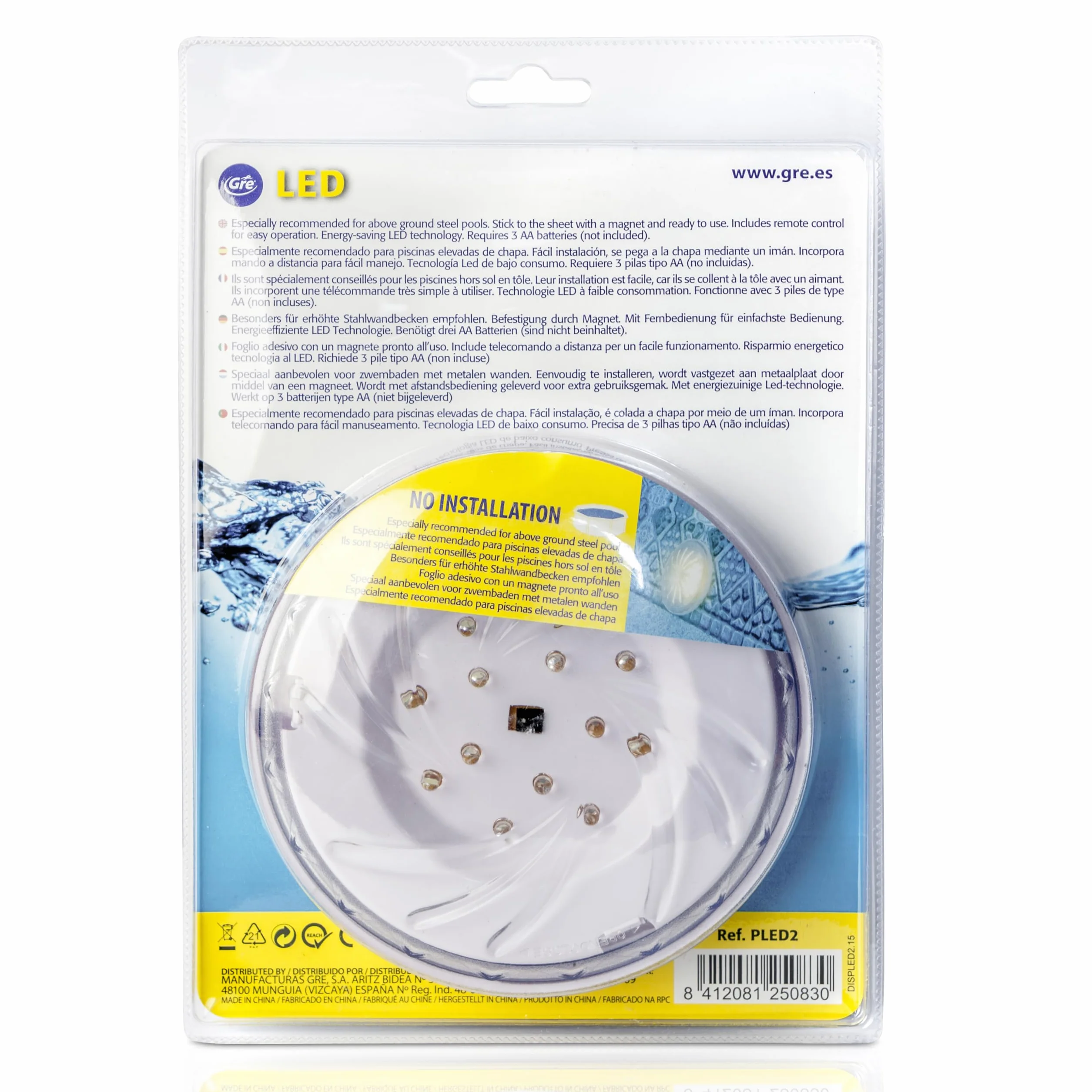 Gre PLED2 - Iluminación para Piscina. Conjunto de Dos Proyectores Led Blanco para Piscina Elevada de Acero, 8W. Luz para Piscinas