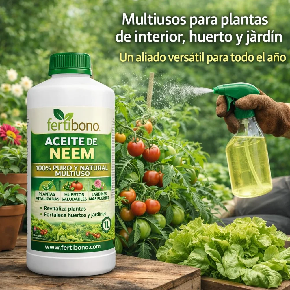 FERTIBONO Aceite de Neem 100% Puro, 1 L, Prensado en Frío, Multiusos para Plantas, Huerto y Jardín