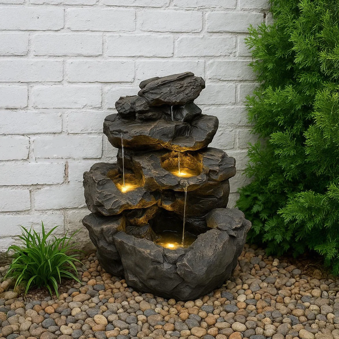 Fuente de Agua Exterior Eléctrica Efecto Roca con Luz LED, Cascada Decorativa Grande para Jardín y Patio, Bomba Silenciosa, Estilo Natural – Rustic Rapids