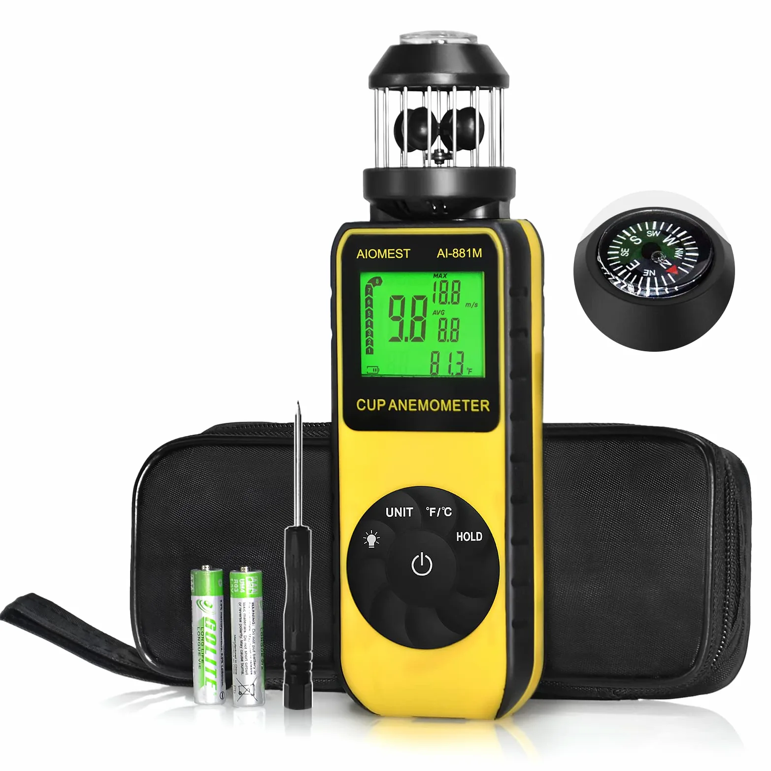 Anemómetro con sensor de taza de mano con dirección, medidor digital de velocidad del viento, medición de temperatura del viento, velocidad del aire de alta velocidad en máximo/promedio - AIOMEST