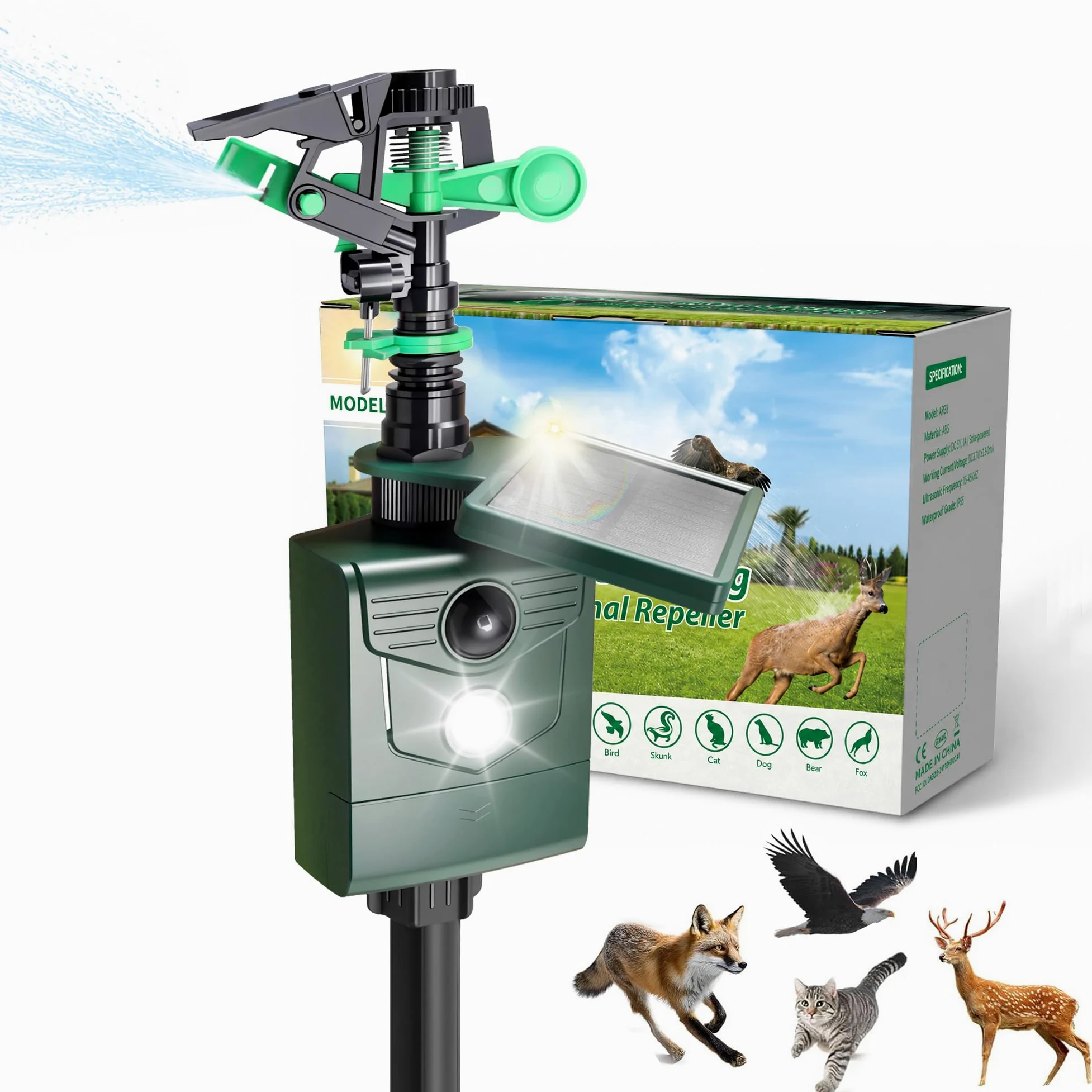 Ahuyentador de animales, repelente de gatos con agua, para jardín, detector de movimiento PIR, carga USB y solar en dos modos, ahuyentador de pájaros, ahuyentador de aves, ahuyentador de aves, defensa