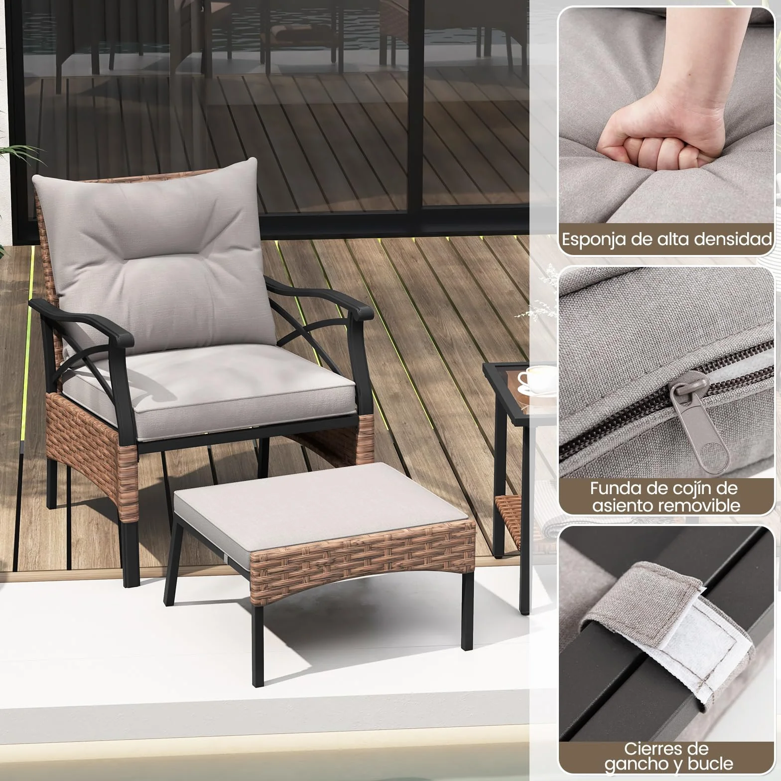 COSTWAY Conjunto Mesa y Sillas Jardin 5 Piezas de Ratán,1 Mesa Auxiliar de Vidrio Templado, 2 Sillas de Ratán PE y 2 Otomanas, Cojines Extraíbles,Conjunto Jardin Exterior Balcon Terraza (Marrón+Gris)
