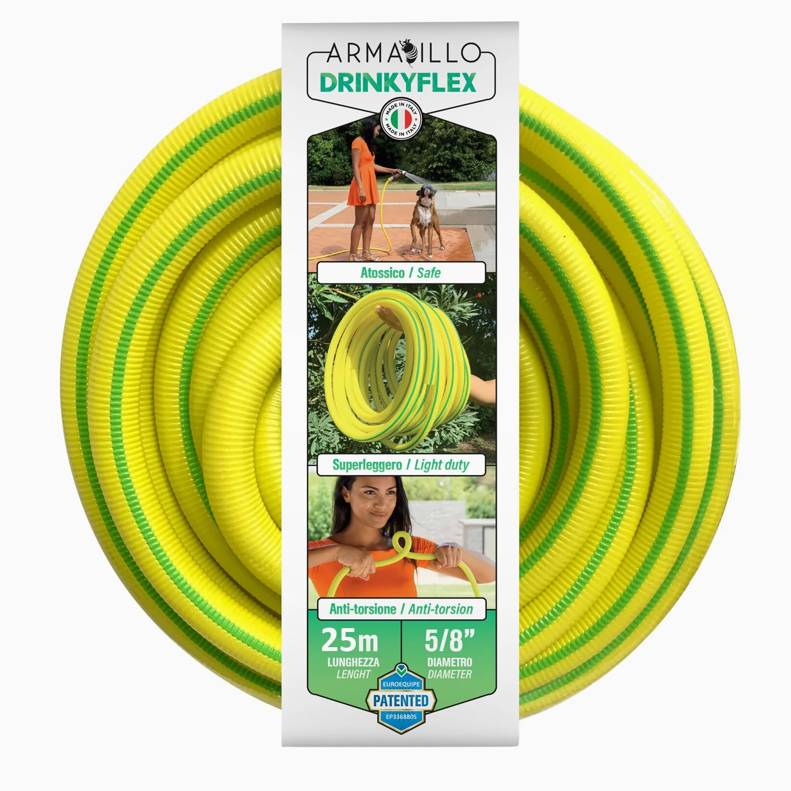 Idroeasy, manguera de jardín Drinkyflex de 25 metros y 5/8", superligera y no tóxica para agua potable, manguera de riego sin nudos, flexible, Presión de rotura 18 bar, Made In Italy