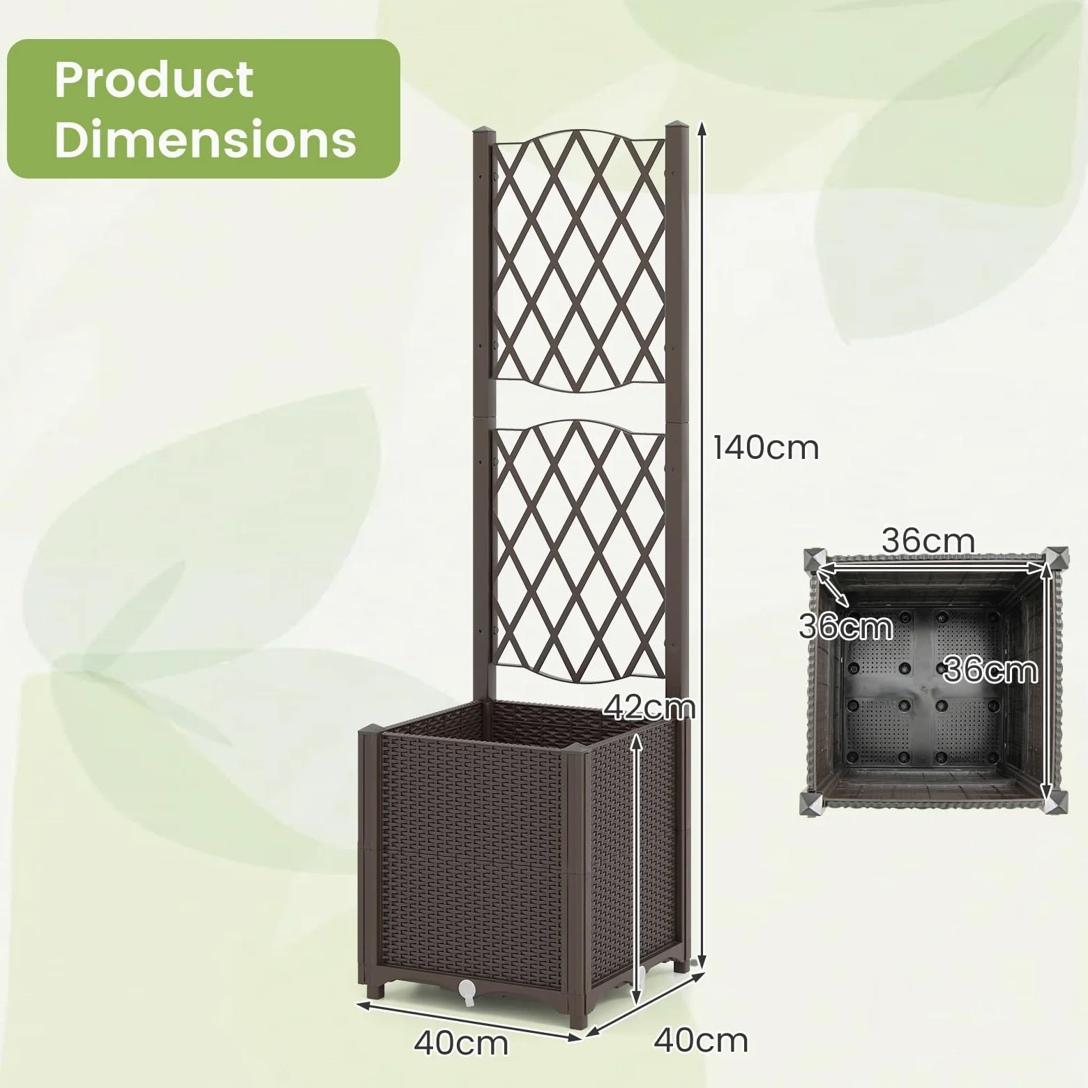 HOMASIS Cama de jardín elevada de madera con celosía, maceta de exterior con disco autoregado, agujeros de drenaje, bandeja de flores para plantas trepadoras, verduras (marrón)