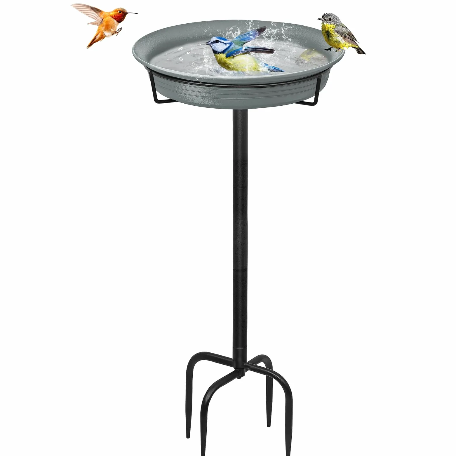 Bebedero de exterior para pájaros, cuenco de 71 cm, con estaca de metal, decoración desmontable, para jardín, terraza, patio, césped, base de 4 pies en punta (gris)
