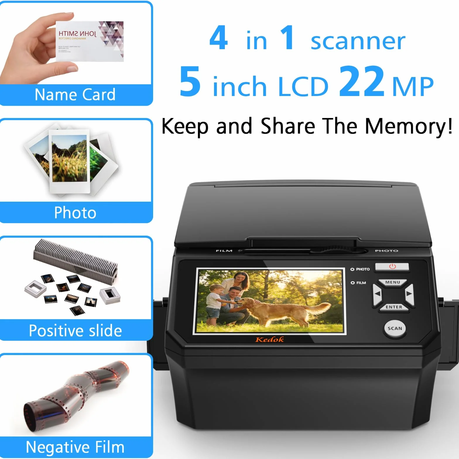 Escáner fotográfico 35mm 110mm 22MP LCD 5 Pulgadas JPEG Tarjeta SD 8GB
