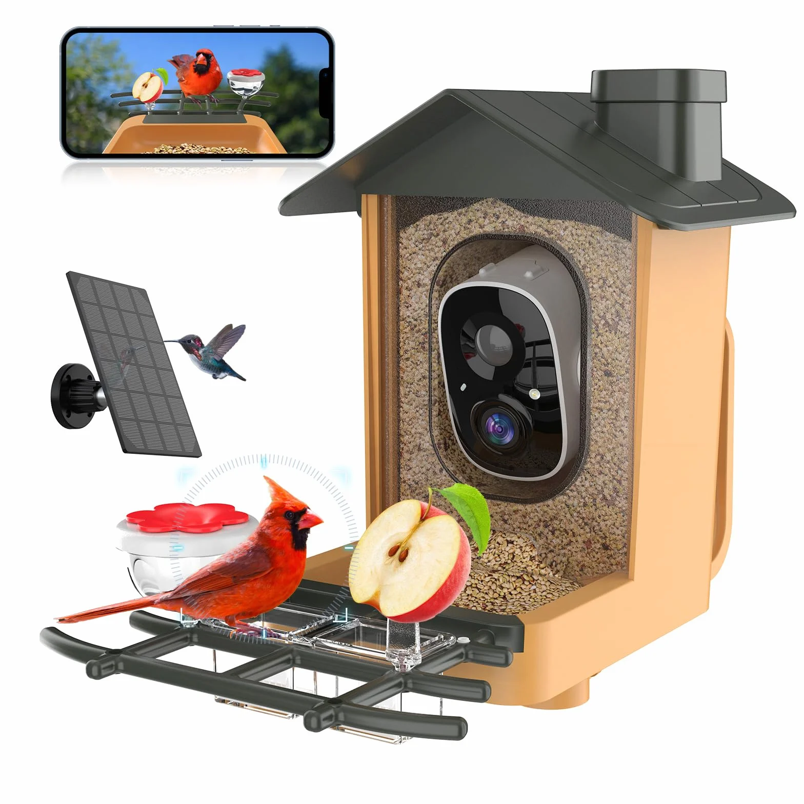 Comedero Pajaros con Cámara 2K HD AI identifica 10000+ Pájaros Solar Comedero Pajaros Exterior Notificación Instantánea Impermeable IP65 Almacenamiento en Nube Captura Automática Imagen/Videos