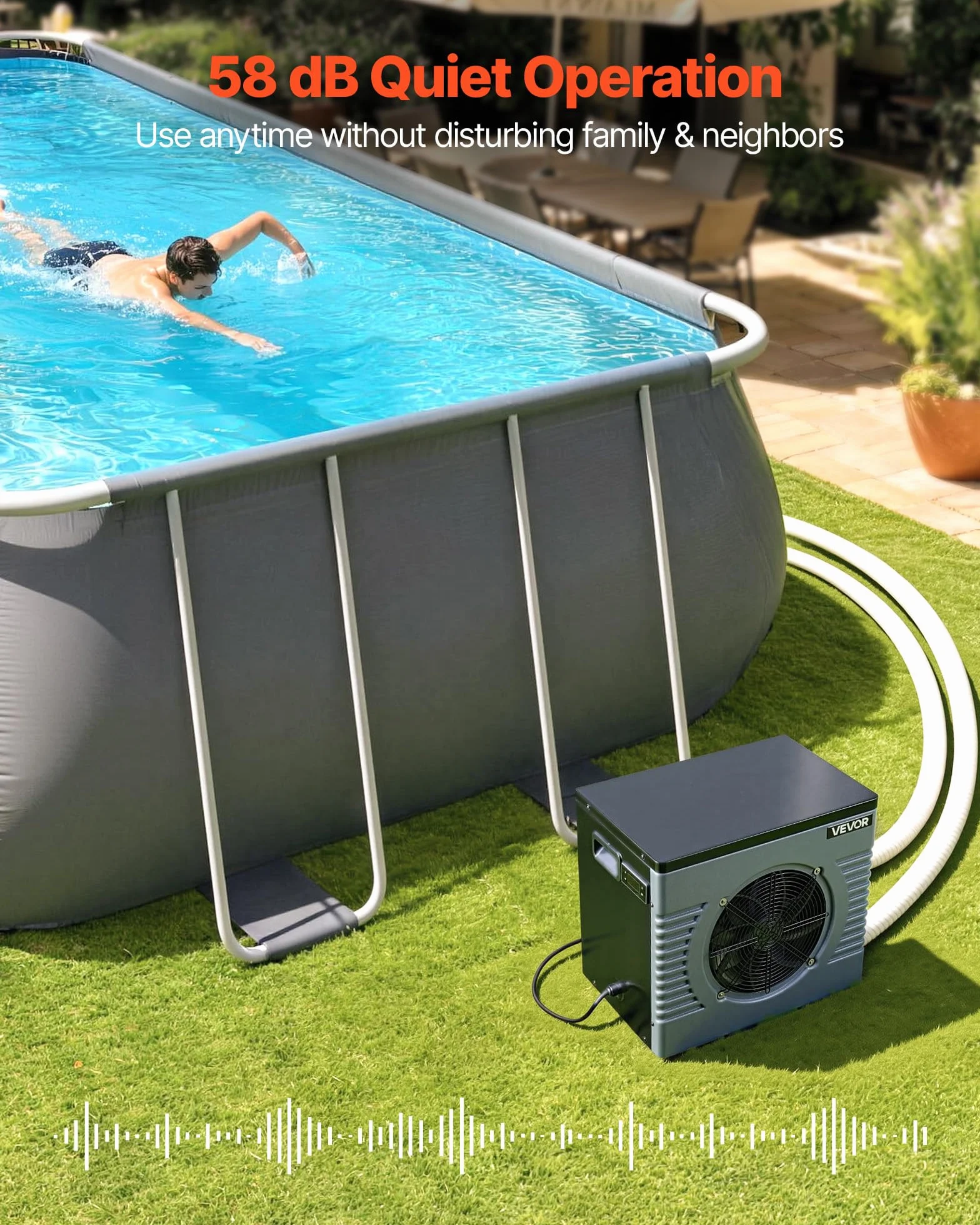 VEVOR Bomba de Calor para Piscina Elevada 4,92 kW 2,3 GPM 0,3-0,5 MPa, Calentador Eléctrico de Piscina de 10 a 18 m³, Bajo Nivel de Ruido, Temperatura de Calentamiento de 15 a 40 °C, para Natación