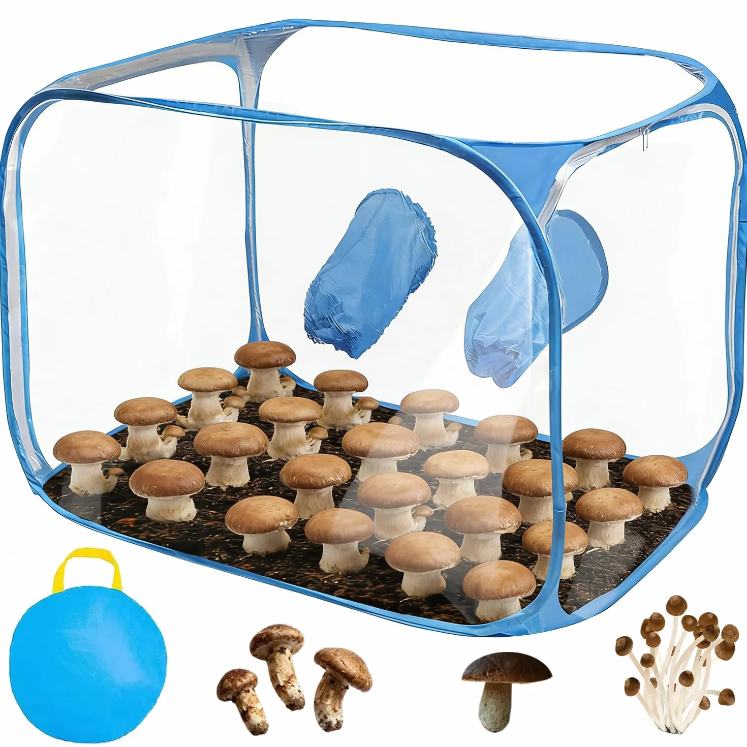 Crecimiento de setas, tienda de campaña portátil y plegable con dos aberturas para brazos para hongos como hongos Enoki, hongos medicinales, hongos en general (azul)