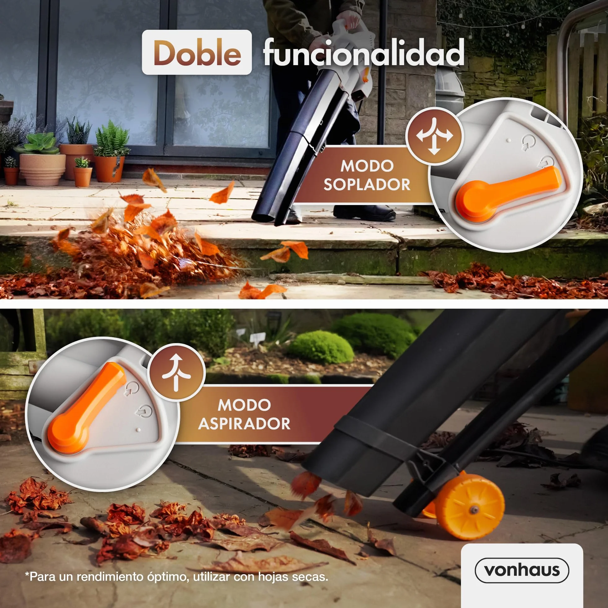VonHaus Soplador Aspirador de Hojas Ligero de 3000W – Sopladora Aspiradora de Hojas de Jardín, Patio, Canalones, Caminos y Más, Correa de Hombro, Ruedas, Bolsa de Recogida de 35L 10:1 (Negro)