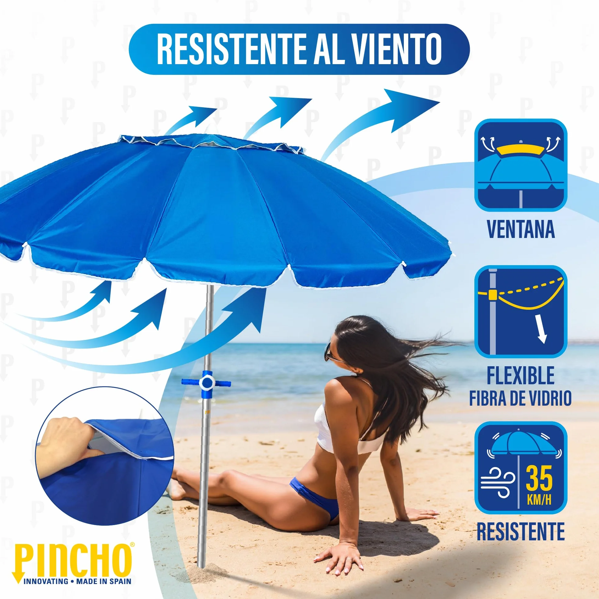 Pincho Sombrilla Playa Grande 240 Cm, Antiviento Hasta 35Km/H, Proteccion UV 50, Tubo Aluminio, 16 Varillas Fibra Vidrio, Palo Reclinable, Sombrilla Plegable Playa, Ligera, Bolsa Transporte