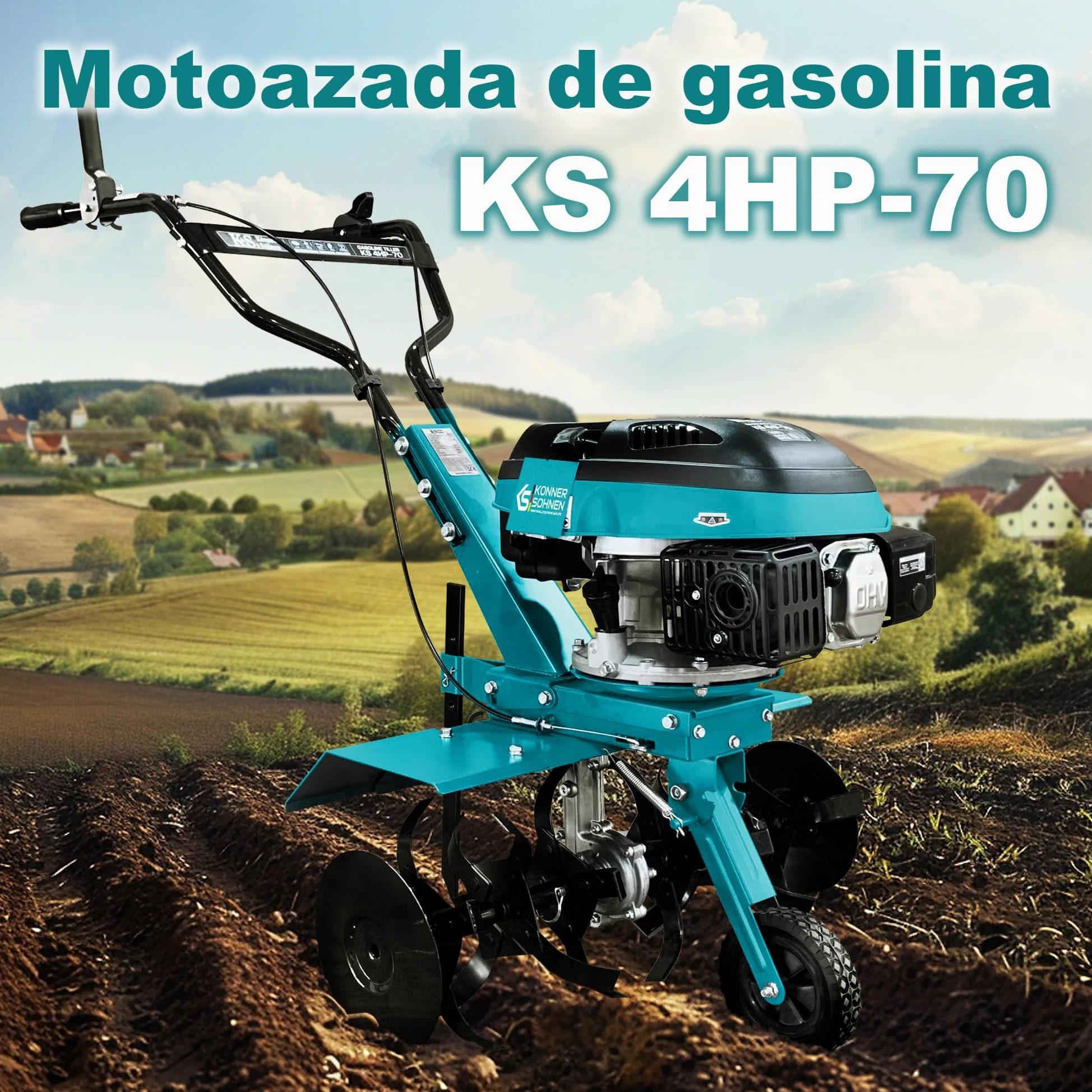 Könner & Söhnen KS 4HP-70 - Motobloque de Gasolina con accionamiento por Correa, motocultor con Fresa Sable forjada, Ancho de Trabajo ≤ 70 cm, Profundidad de Trabajo ≤ 27 cm, Potencia del Motor 4