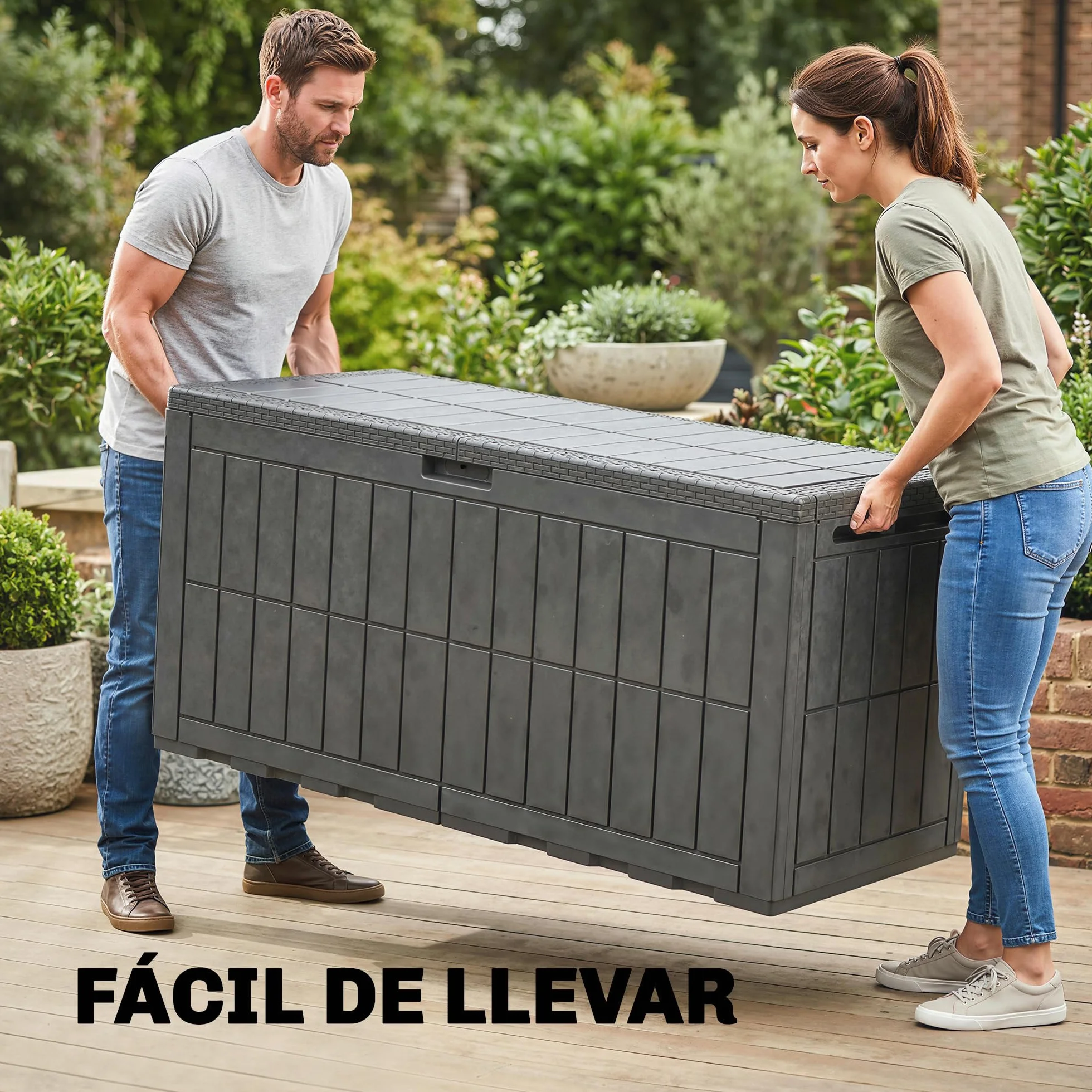 Outsunny Arcón Exterior Capacidad 440L, Baúl de Almacenaje Exterior de Resina Resistente al Agua y a los Rayos UV, con Tapa Bloqueable, Barras de Gas, Asas Laterales, para Jardín, 133x62x65 cm, Café