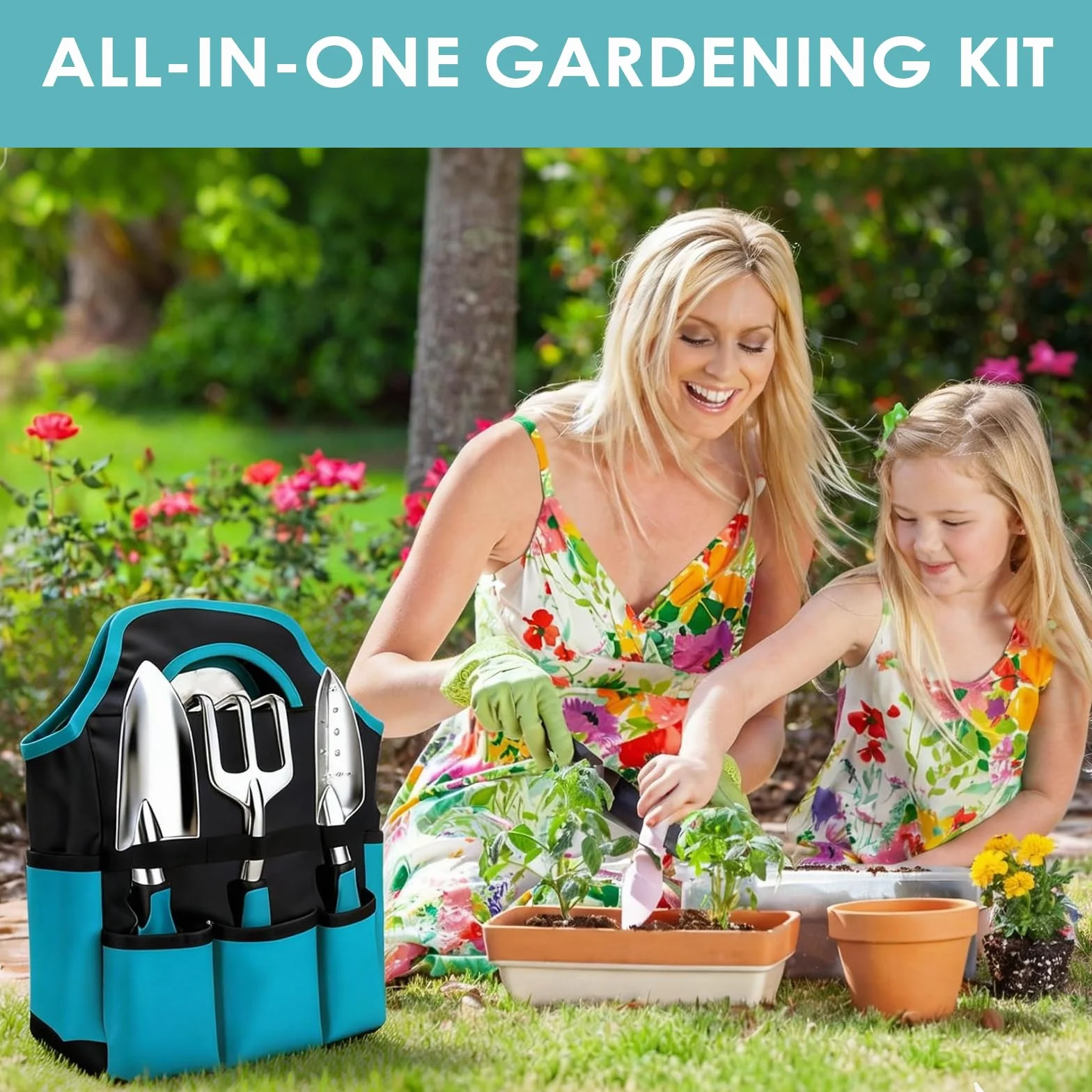 Juego de Herramientas de jardinería 7PC, Kit de jardineria Bolsa de Jardín con Bolsa de sujeción Resistente, Juego de Herramientas de Mano de jardín, Regalos de Jardinería para Mujeres y Hombres