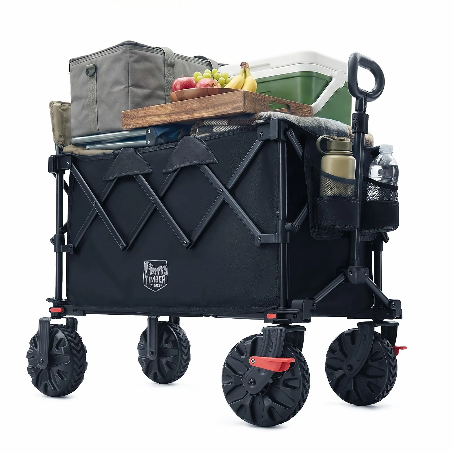 TIMBER RIDGE Carro plegable XXL de 250 L, neumáticos anchos con frenos, 150 kg, con soporte para bebidas, para camping, compras, jardín