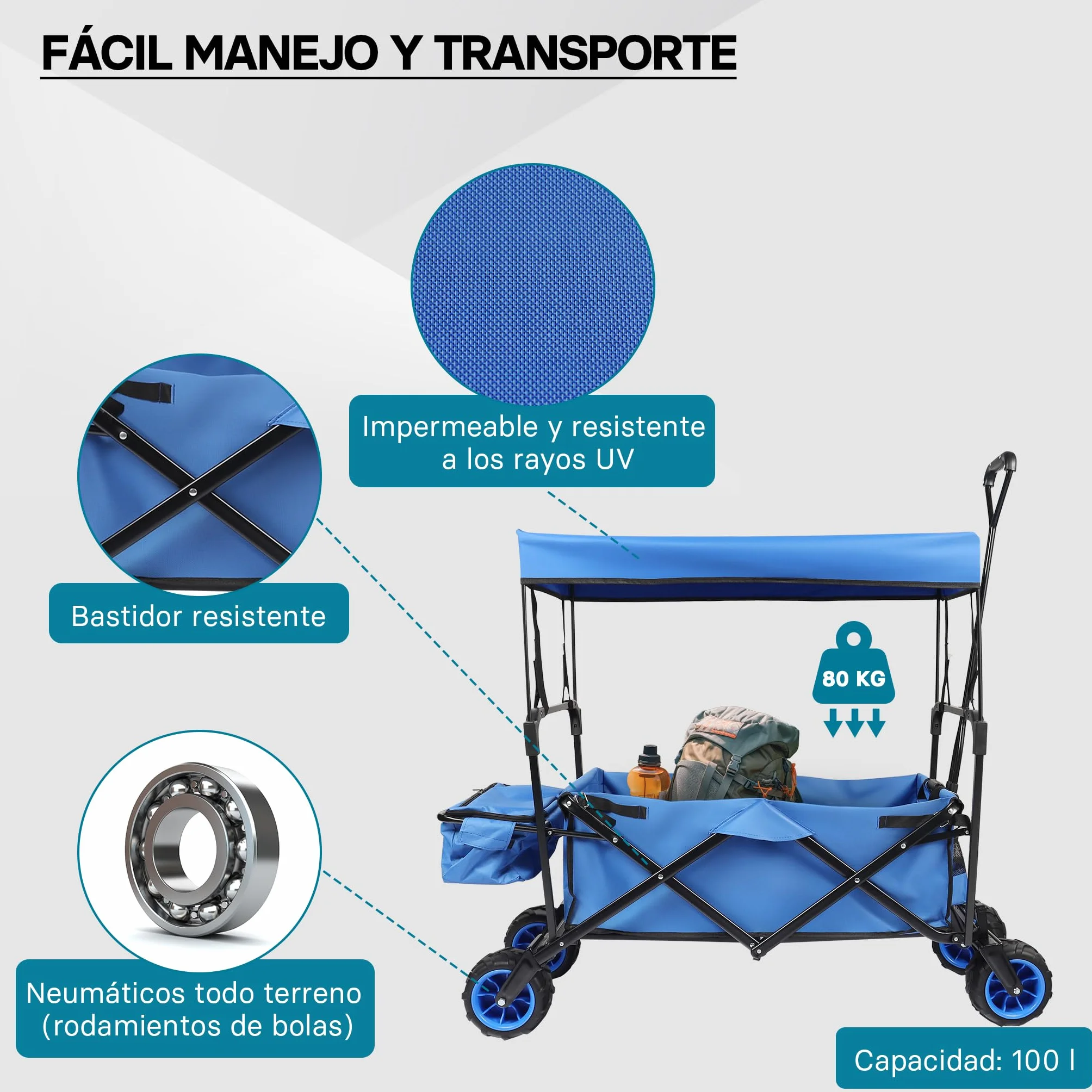 Carrito Plegable de Mano con Capota Amplia Superficie de Carga Carro Transporte Carrito de jardín