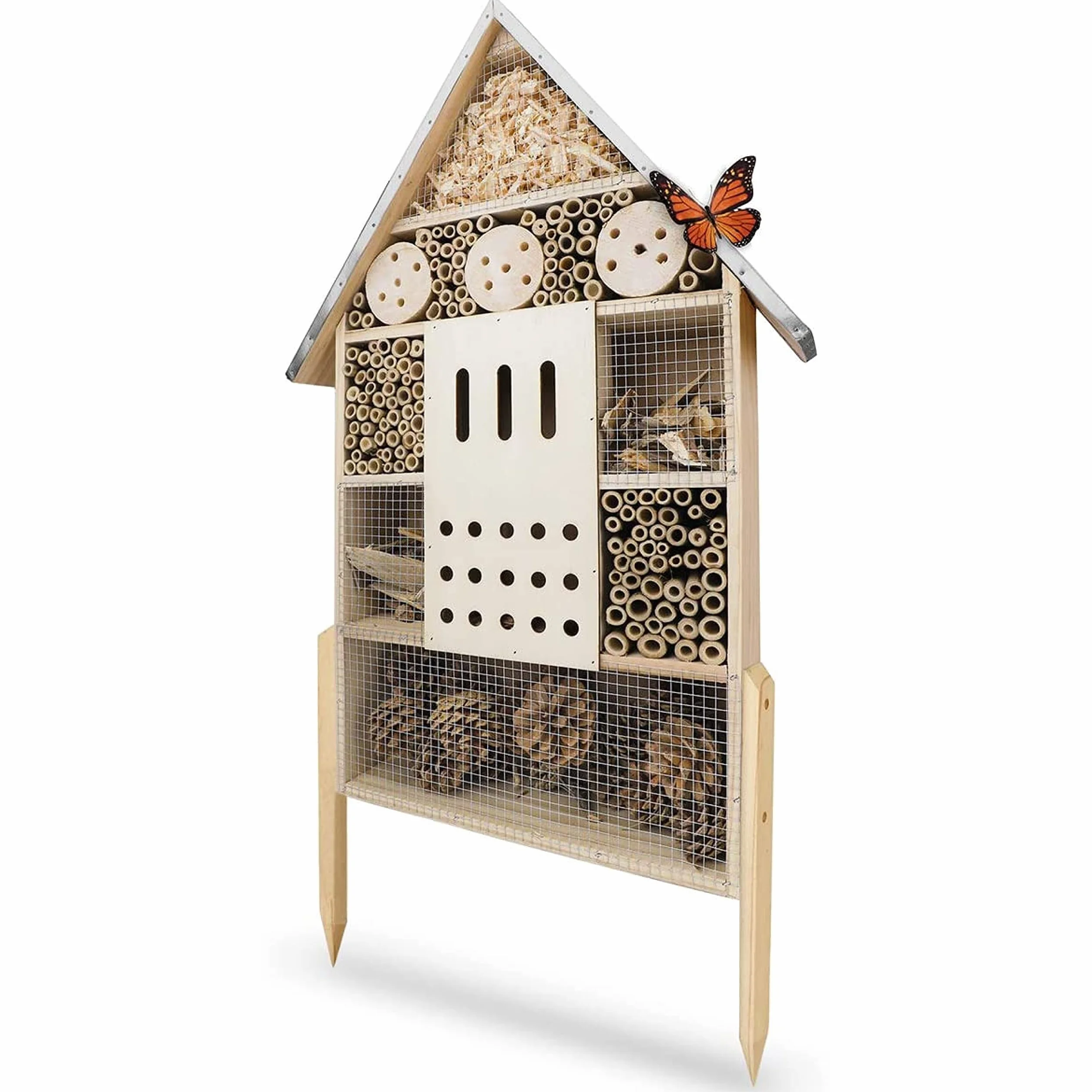 WILDLIFE FRIEND Hotel para Insectos con Techo de Metal XL. Casa para Insectos en Madera Natural para Abejas, Mariquitas, crisópidos, Mariposas. Mariposario