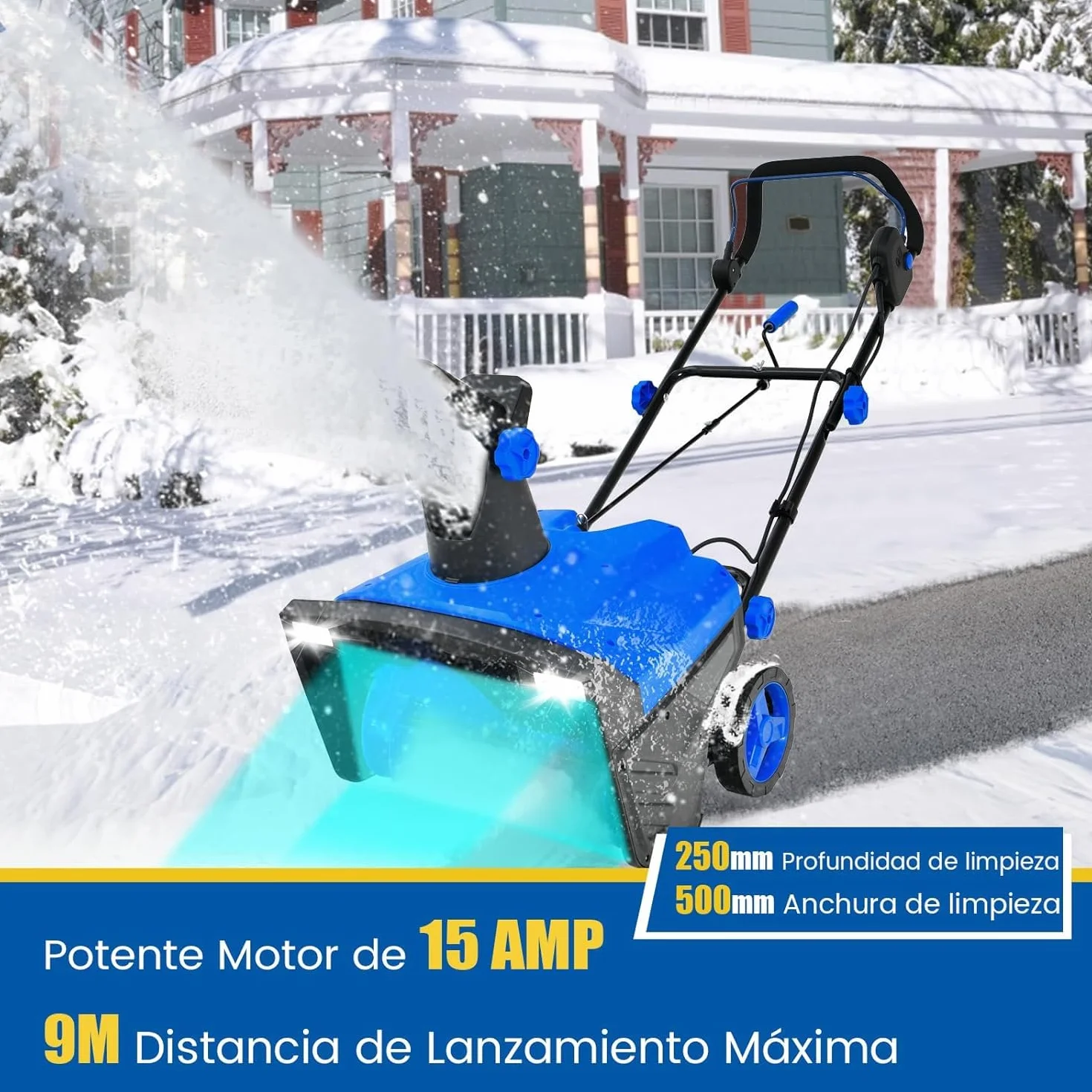 GOPLUS Quitanieves Eléctrico 2300W, Lanzador de Nieve 3000RPM con Faros LED, Ancho Trabajo 50CM y Profundidad 25CM, Giratorio 180°, Distancia de Lanzamiento 9M, Lanzanieves con Ruedas y Cable (Azul)