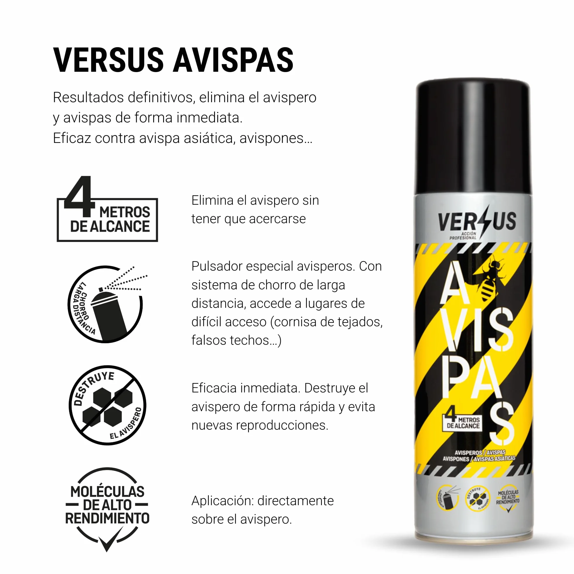 VERSUS AVISPAS - Insecticida Avispas, Avispones y Avisperos - Eficaz contra Avispa Asiática - Largo Alcance 4 Metros - Eficacia Inmediata y a Distancia - Destruye el Nido y Evita Nuevas Reproducciones