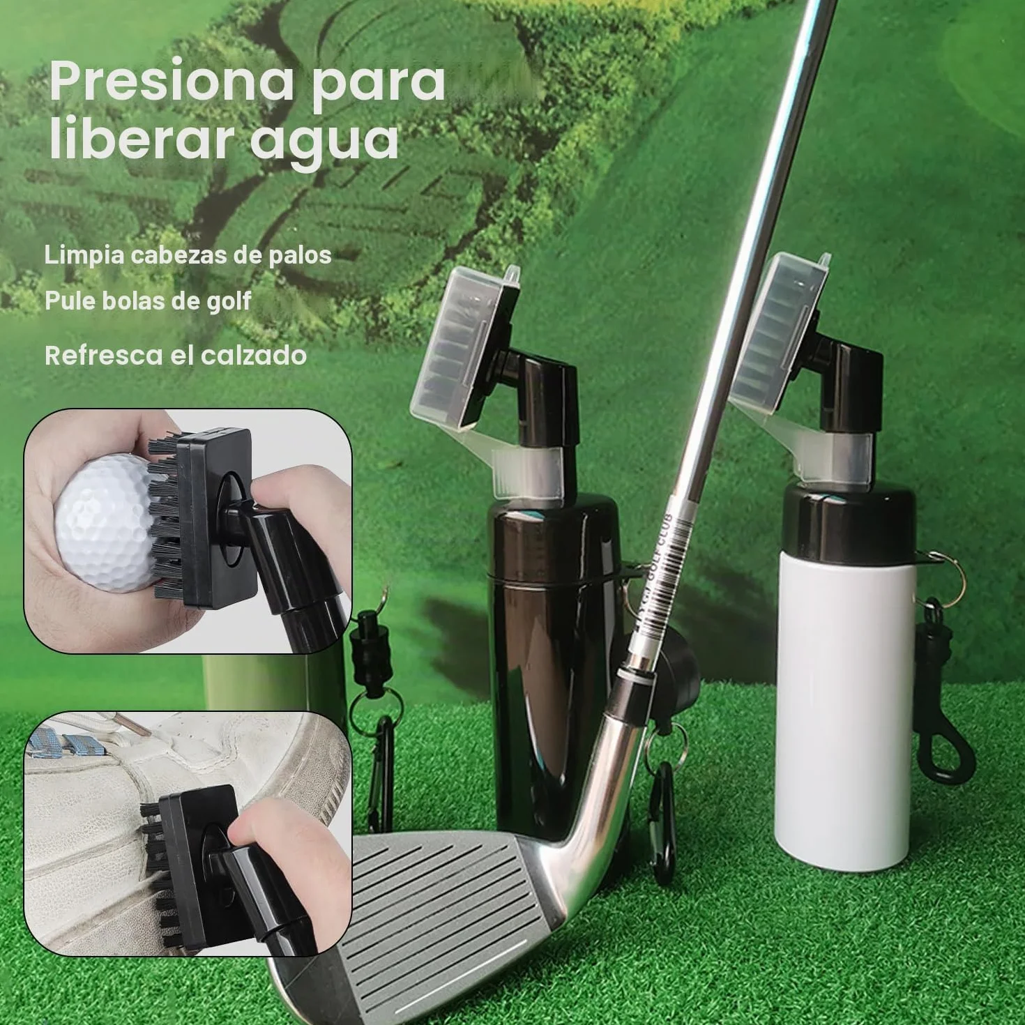 Cepillo limpiador de palos de golf 2 piezas con spray de agua integrado y gancho de aluminio retráctil