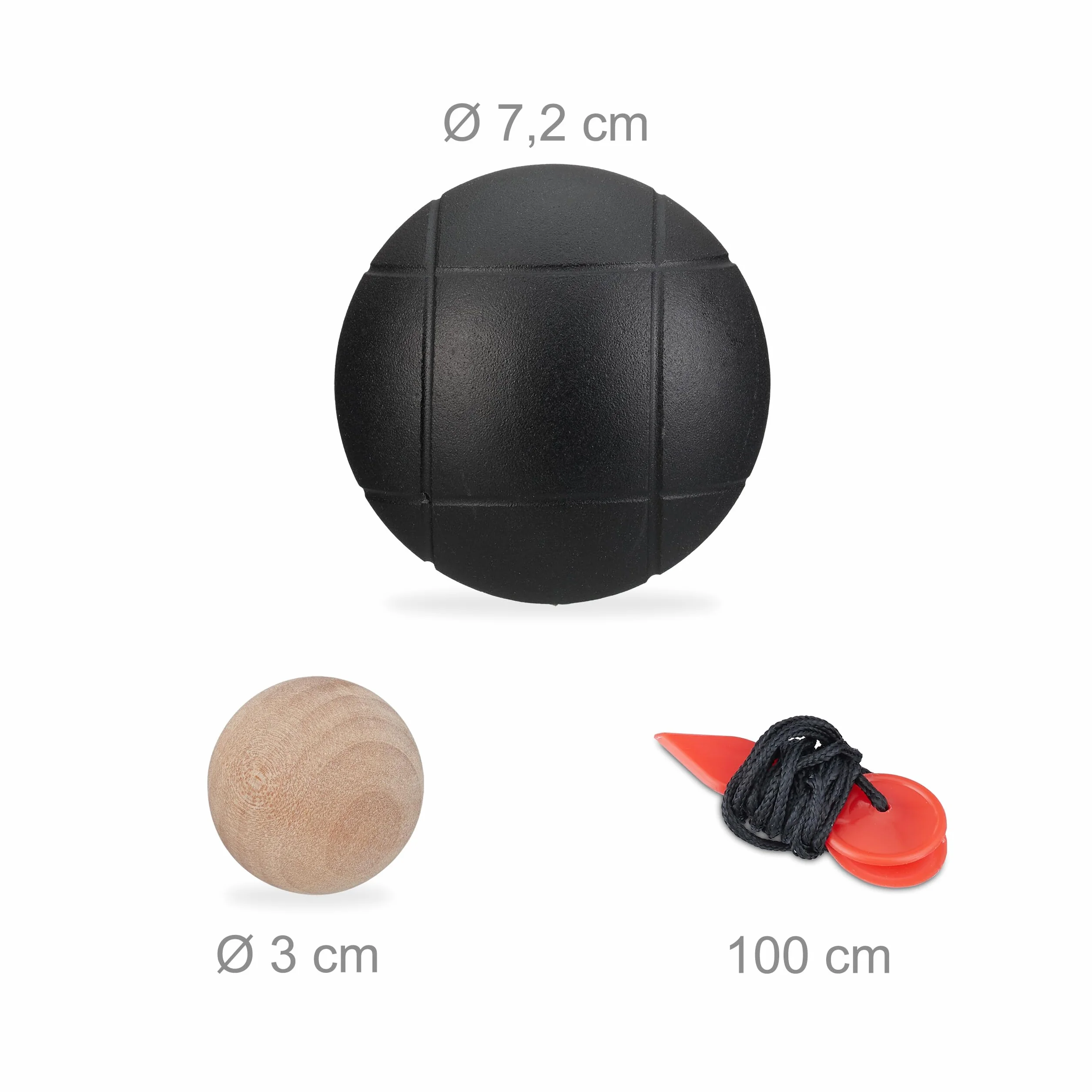 Relaxdays Juego de Petanca 6 Bolas de Acero con Boliche y Cuerda Medidora, Bolsa de Transporte Negro y Plateado