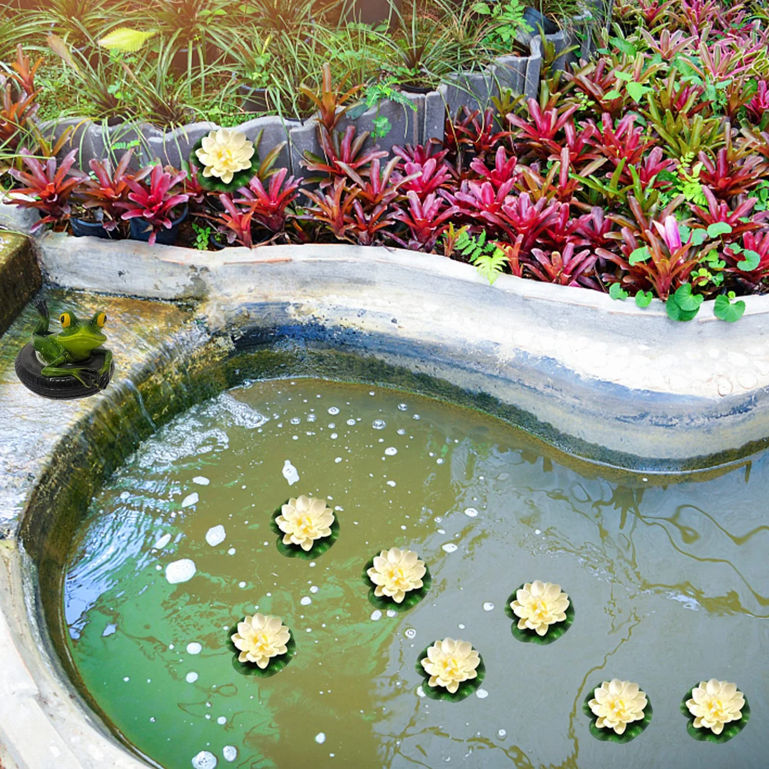 Set de decoración para Estanque de jardín, Dos Ranas con Bolas de Plata y 2 Unidades de Flor de Loto como decoración de jardín para Estanque pequeño (Rana de Espalda)