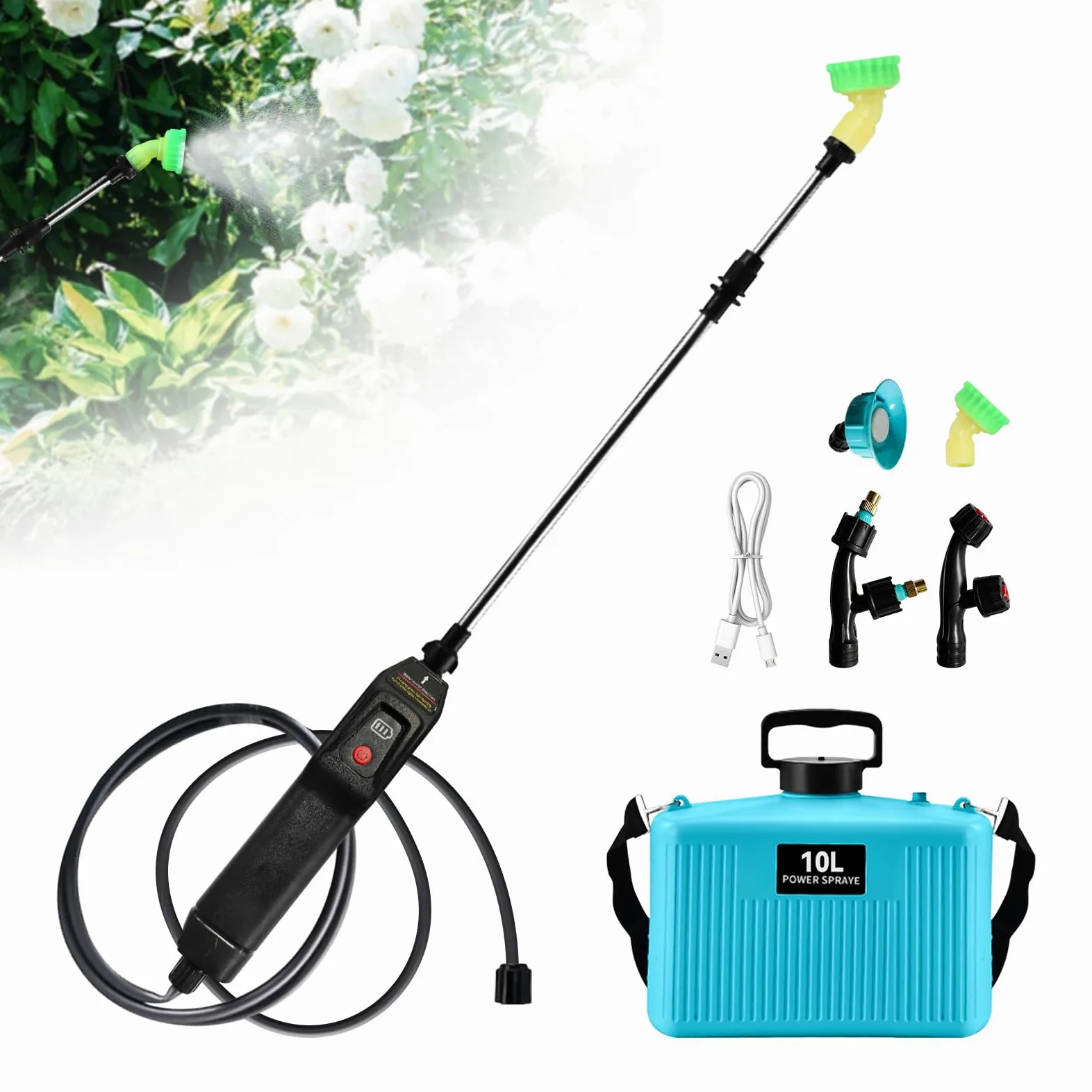 Pulverizador de mochila alimentado por batería de 10 L, mejorado con 4 boquillas de niebla, mango recargable por USB, varita retráctil, pulverizador de agua portátil
