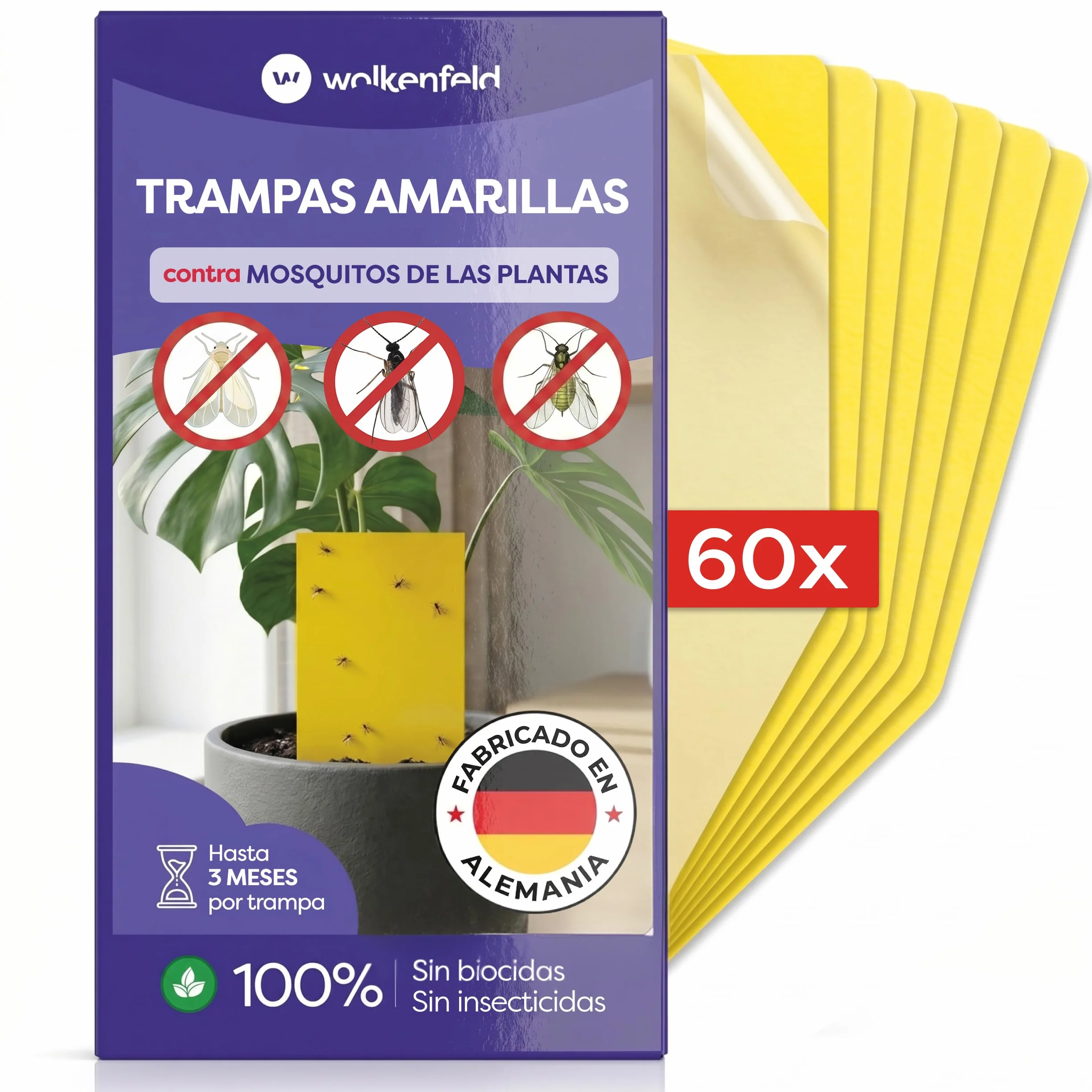 Wolkenfeld Trampa Moscas Plantas 60 Piezas Pegatinas – Trampas Amarillas para Insectos, Atrapa Mosquitos Adhesivo Doble Cara, Sin Insecticida – Interior, Macetas y Invernadero – Made in Germany