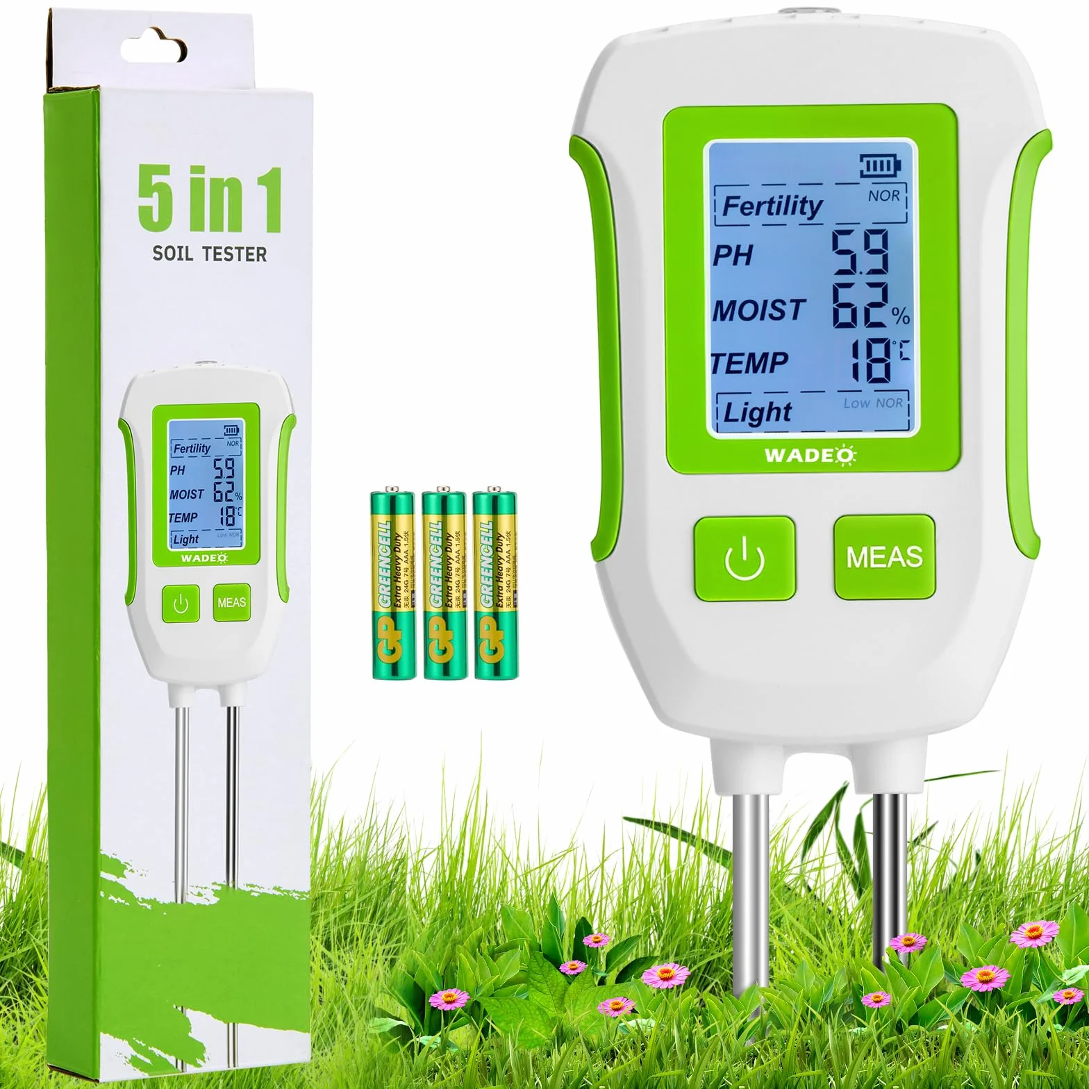 WADEO Medidor de suelo 5 en 1 para temperatura/fertilidad/humedad del suelo/pH/luz solar, pantalla LCD con retroiluminación, medidor digital de suelo para jardinería y agricultura