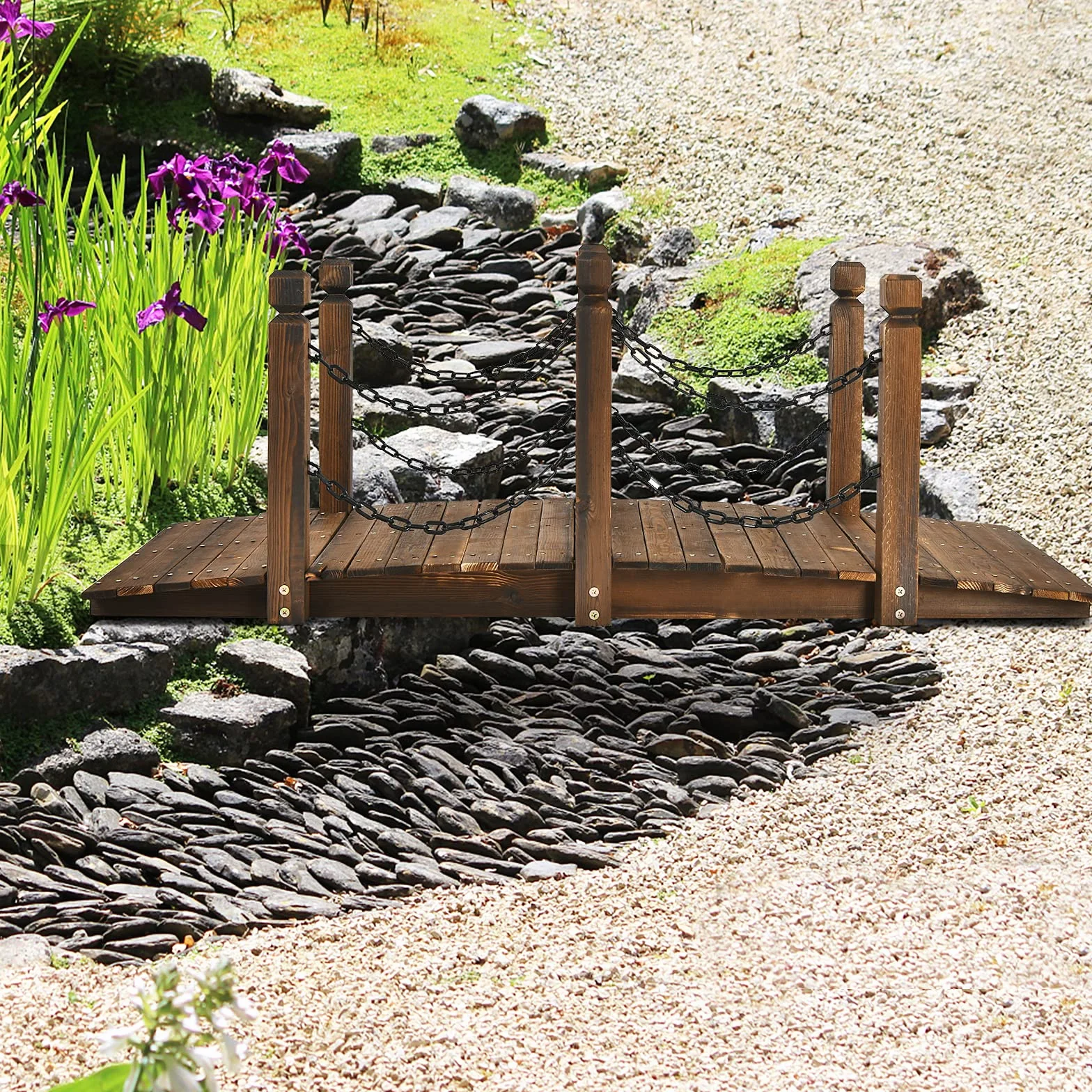 GOPLUS Puente de madera de abeto, 150 x 67 cm x 55 cm, puente para estanque soporta hasta 180 kg, puente de jardín con barandillas y cadenas, puente para jardín, parque, patio trasero