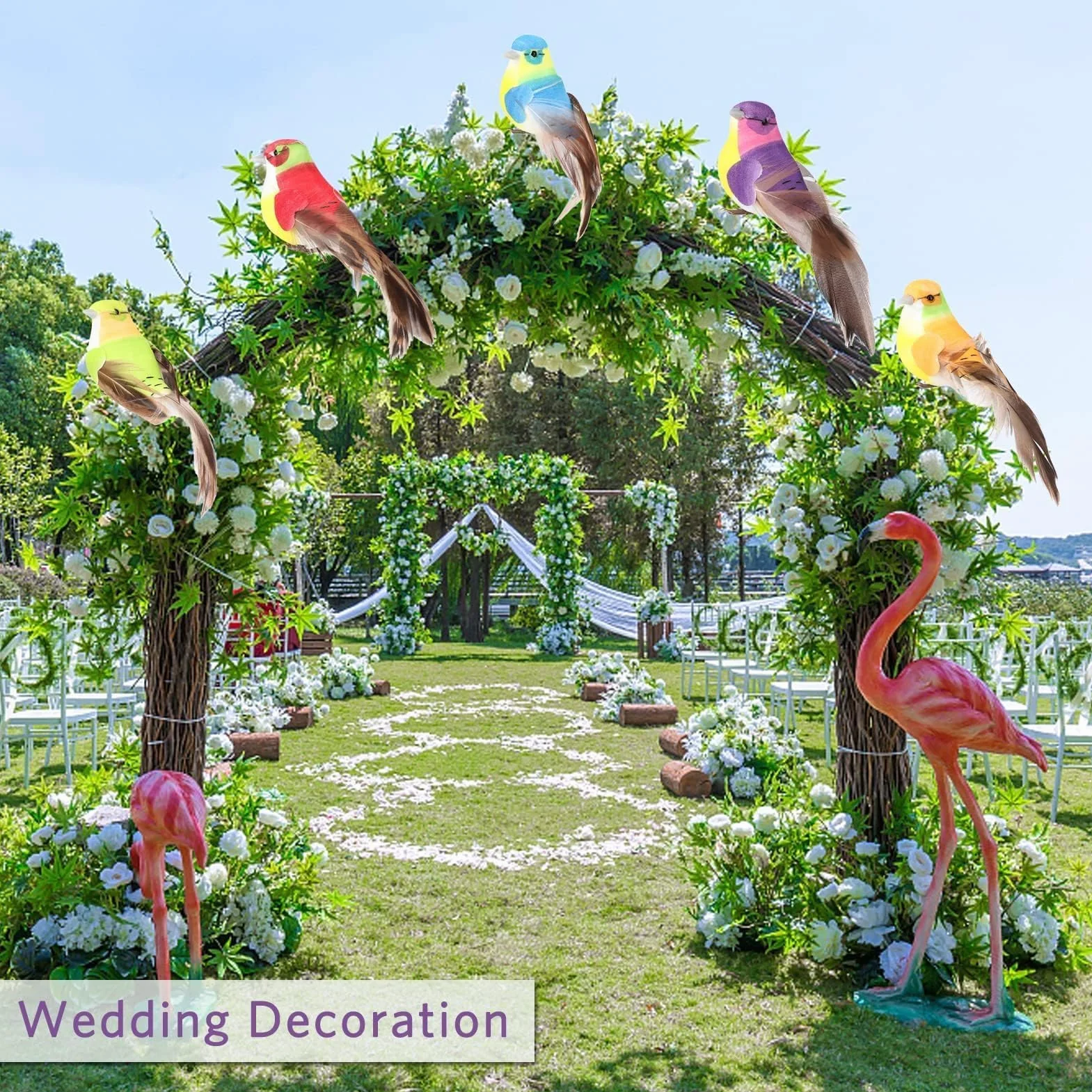 HERCHR Lote de 12 Pájaros Artificiales de Espuma con Plumas, Decoración Multicolor para Jardín, Bodas y Manualidades