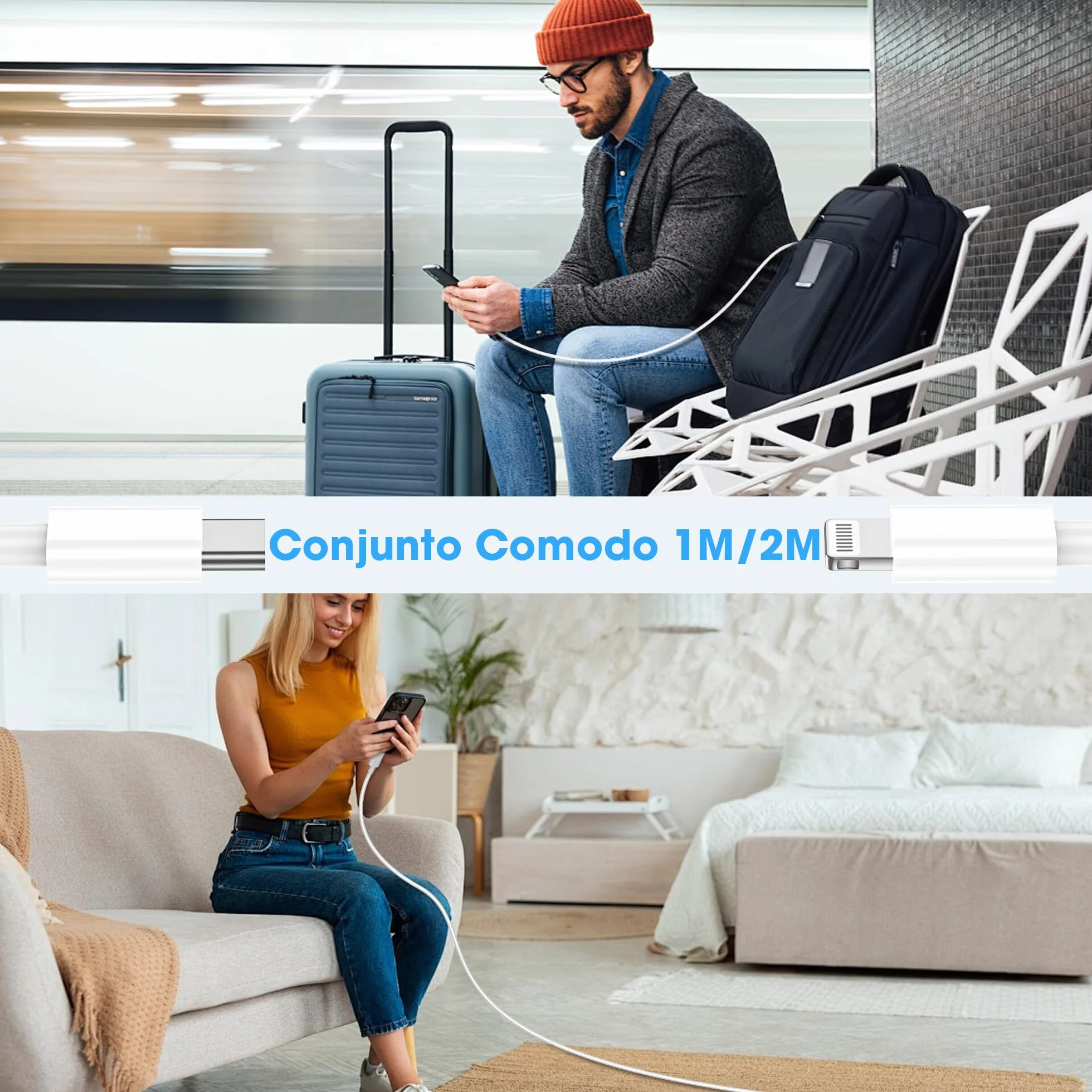 BSTOEM Cable Cargador para iPhone Carga Rápida MFi Certificado 2 Unidades 1M+2M USB-A a Lightning Blanco