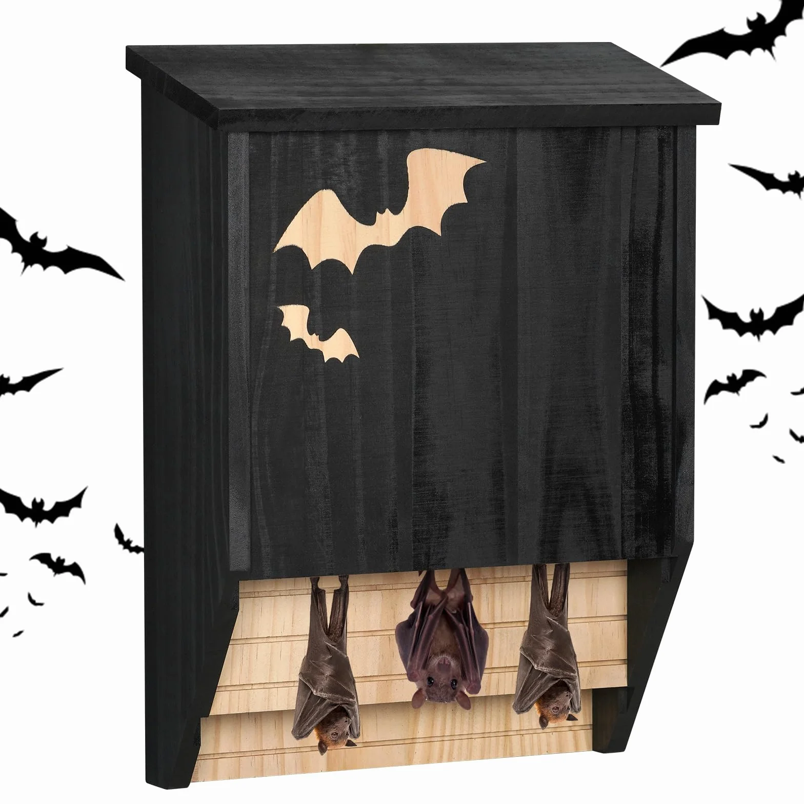 Caja para murciélagos de madera, doble cámara, resistente a la intemperie, casa de murciélagos y nido, listo para montar, caja de refugio para murciélagos en verano e hibernación, color negro