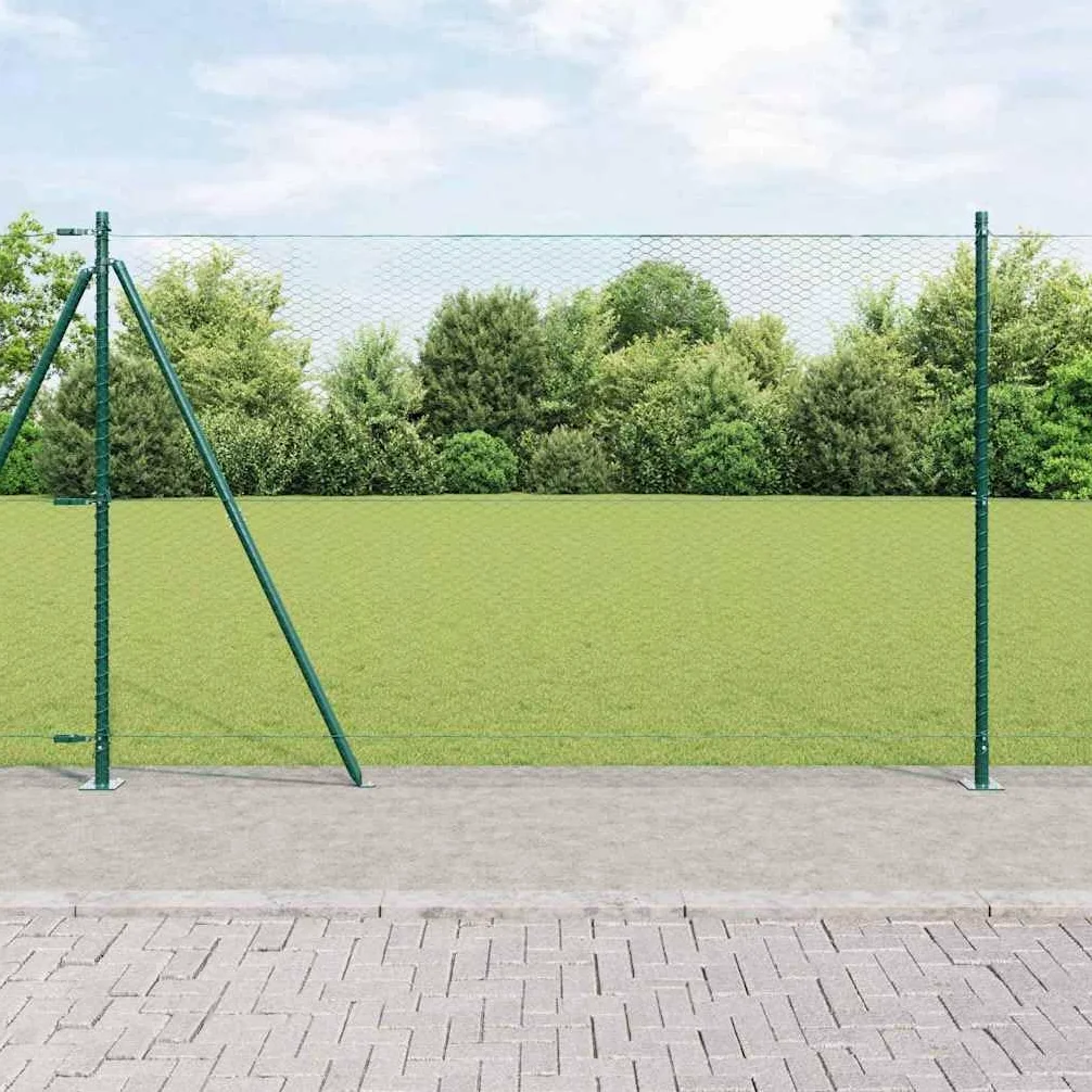 Valla de alambre soldada con base de hormigón, 25 x 1,4 m, color verde, acero recubierto de PVC, resistente a la intemperie, al óxido y a la corrosión, incluye postes y alambre tensor para