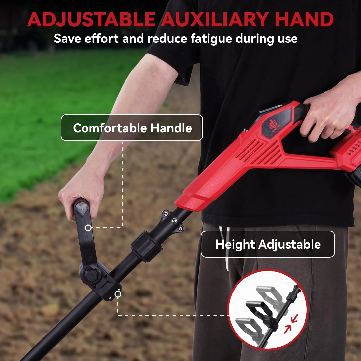 ONEVAN Motoazada Electrica, 500W Motoazada Bateria sin Escobillas, 23cm de Ancho de Trabajo, 16cm de Profundidad, Mango Ajustable, con 2 Baterías de 4.0 Ah, Ideal para Césped, Jardín y Suelo