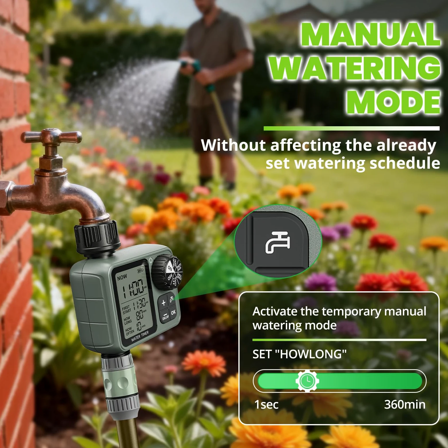 Temporizador de aspersor para manguera de jardín, temporizador de agua de ciclo y remojo con retardo de lluvia, riego manual automático para césped, patio, sistema de riego por goteo al aire