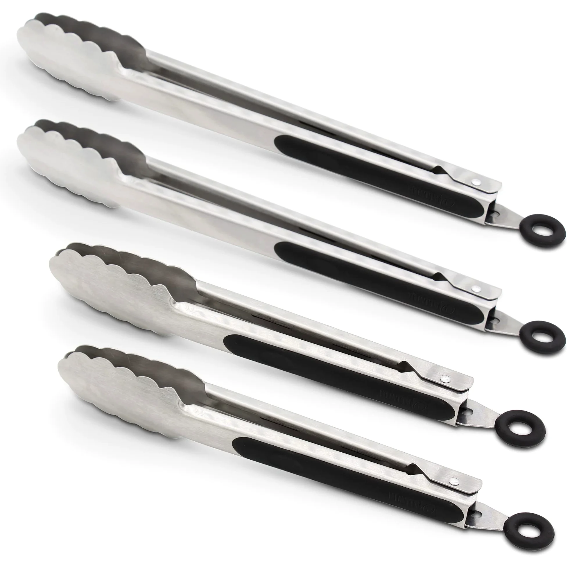 Juego de 4 pinzas de cocina de acero inoxidable 304, 23 y 30,5 cm, resistentes pinzas para asar con agarre ergonómico, color negro