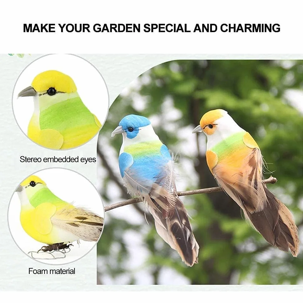 HERCHR Lote de 12 Pájaros Artificiales de Espuma con Plumas, Decoración Multicolor para Jardín, Bodas y Manualidades