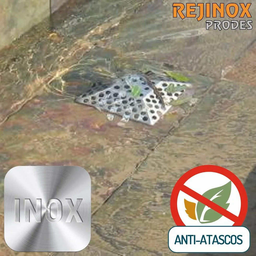 Pack anti-atascos acero inoxidable: Rejilla Piramidal 188x188mm + Marco Encastrable 190x190mm. Rejinox. Garajes, cubiertas, terrazas, jardín, piscina