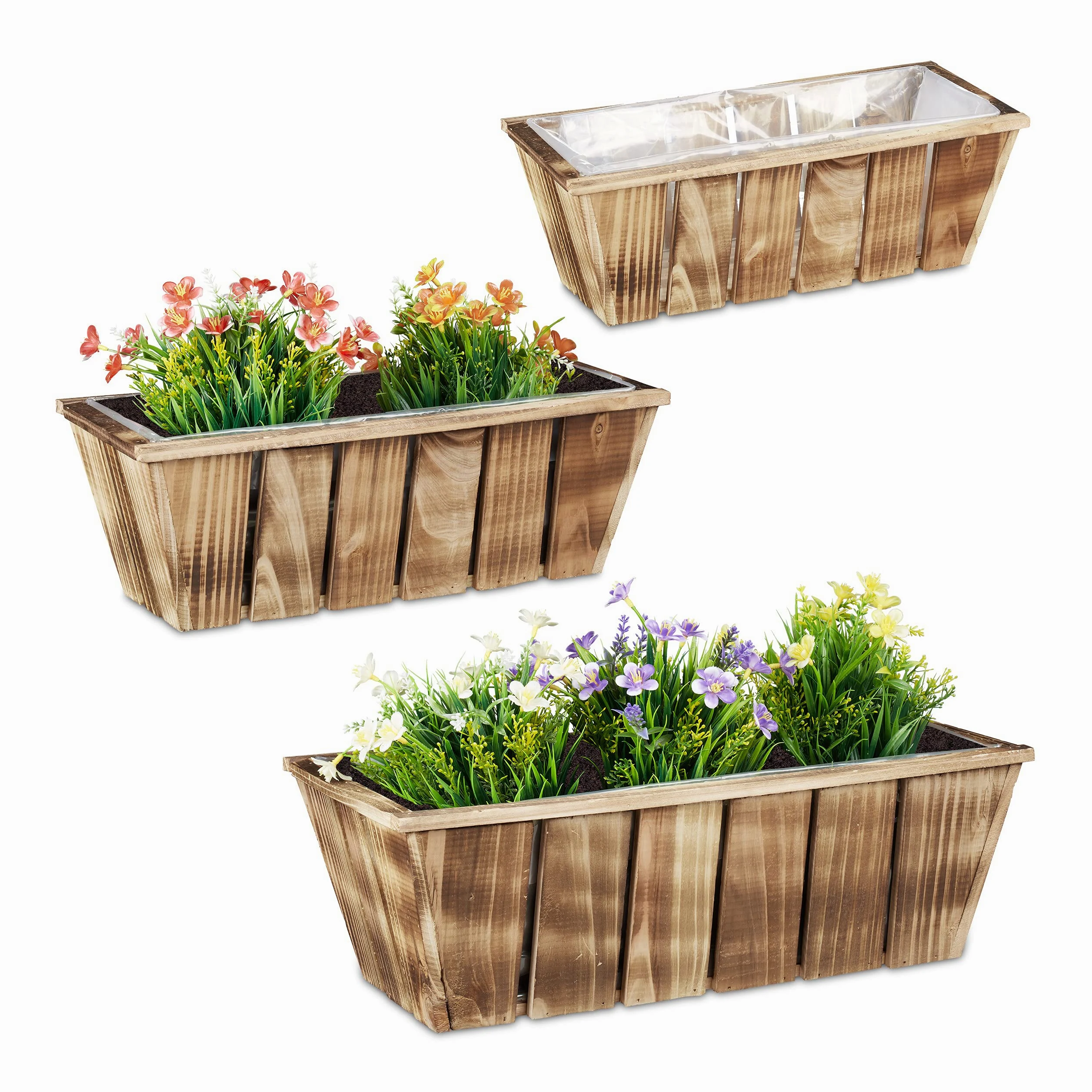 Relaxdays Pack de 3 Macetas de Madera, Jardineras, 3 Tamaños, Tiestos Flores, Interior y Exterior, con Plástico, Marrón