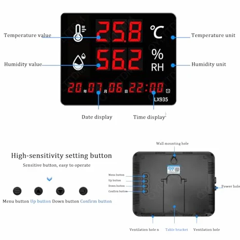 Higrómetro digital con pantalla LED, monitor de humedad de temperatura de alta precisión con alarma para uso industrial