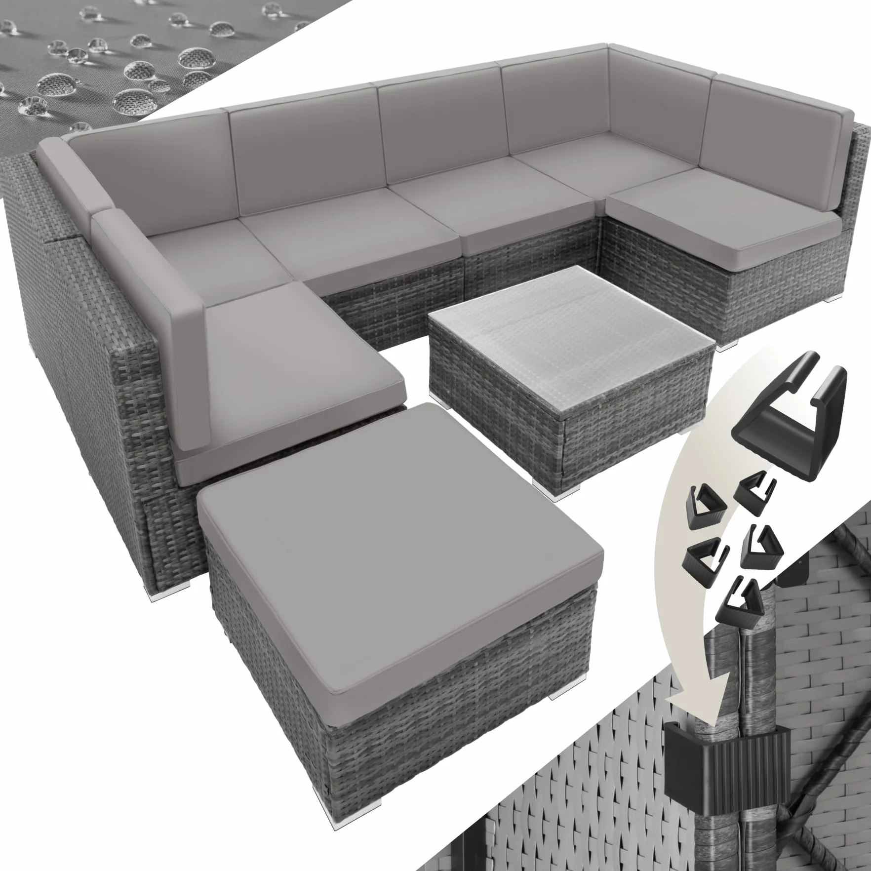 Tectake Conjunto Jardín Ratán Cojines 6 Sillones 1 Mesa 1 Taburete Acero Gris