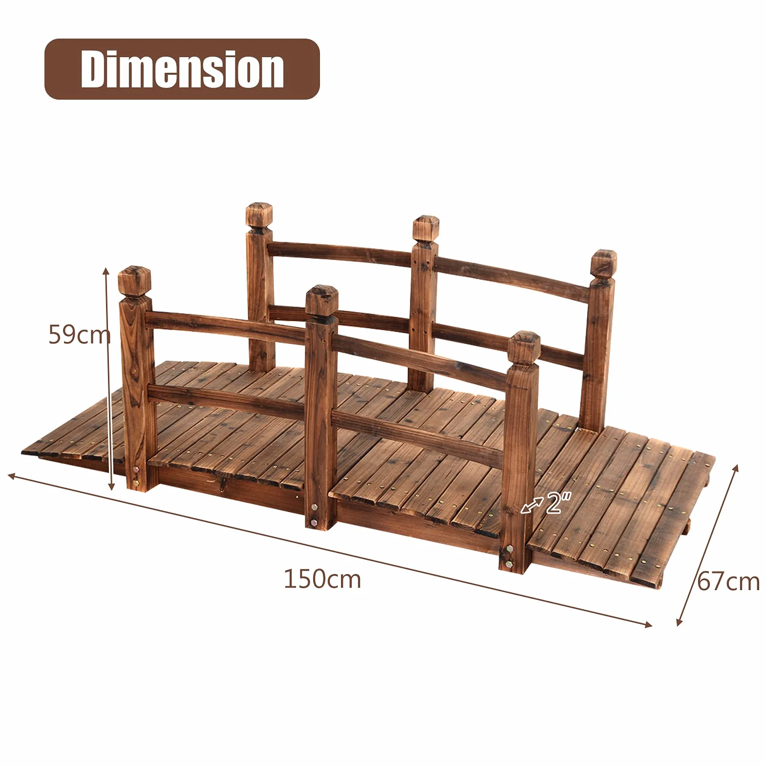 GOPLUS Puente de Madera rústico y Macizo, con Mano Corriente, decoración de jardín, Puente de Estanque, soporta un Peso máximo 100 kg, 150 x 67 x 55 cm (marrón)