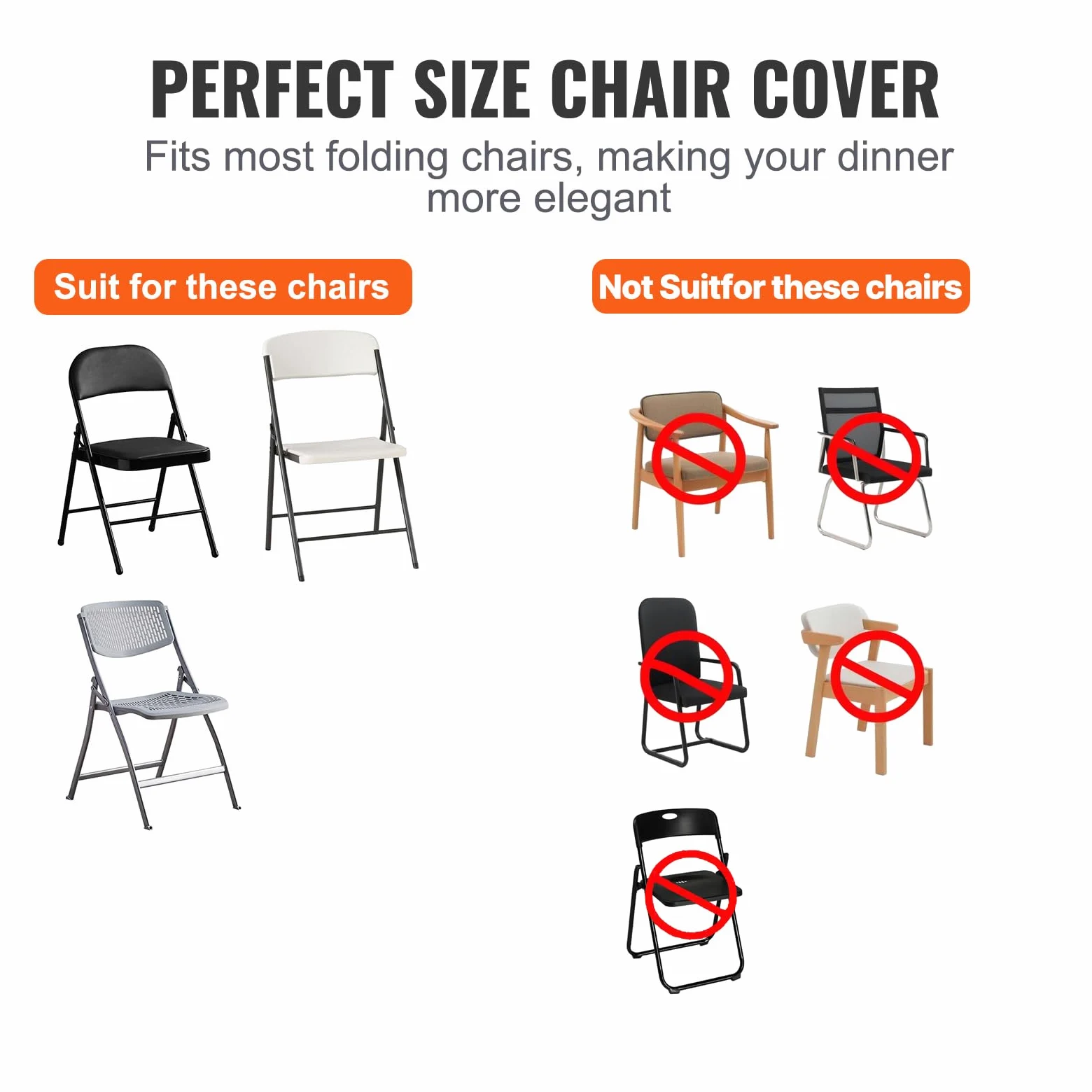 VEVOR Fundas para Sillas Plegables de Spandex Elástico, Funda para Silla Ajustable Universal, Fundas Protectoras Lavables Extraíbles, para Bodas, Vacaciones, 400 x 420 x 770 mm(50 Piezas Blancas)