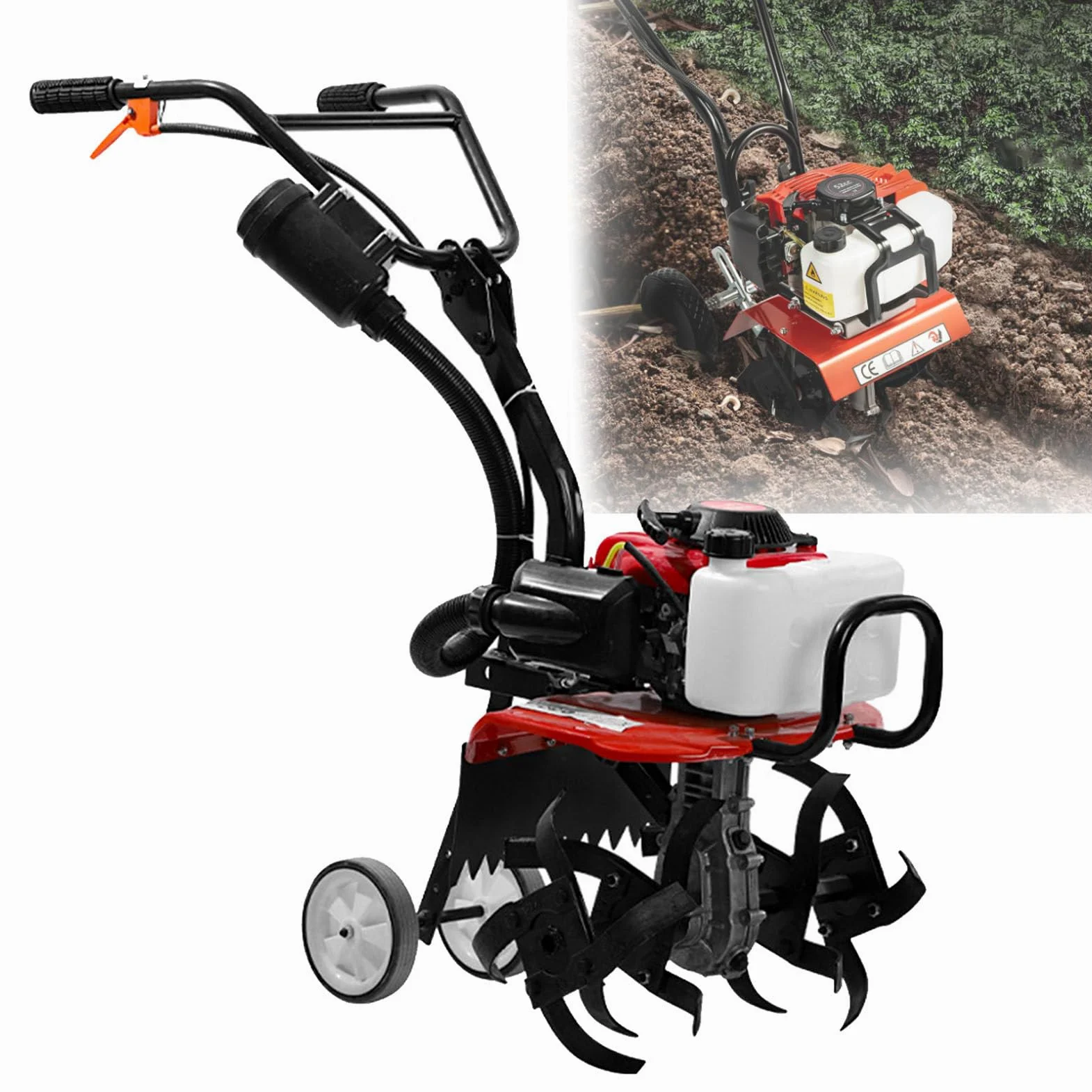 Motocultor de jardín de 4 tiempos, motoazada de gasolina, cultivador de césped con 4 cuchillas de acero y 2 ruedas, mango de altura ajustable, motocultor de mano doméstico